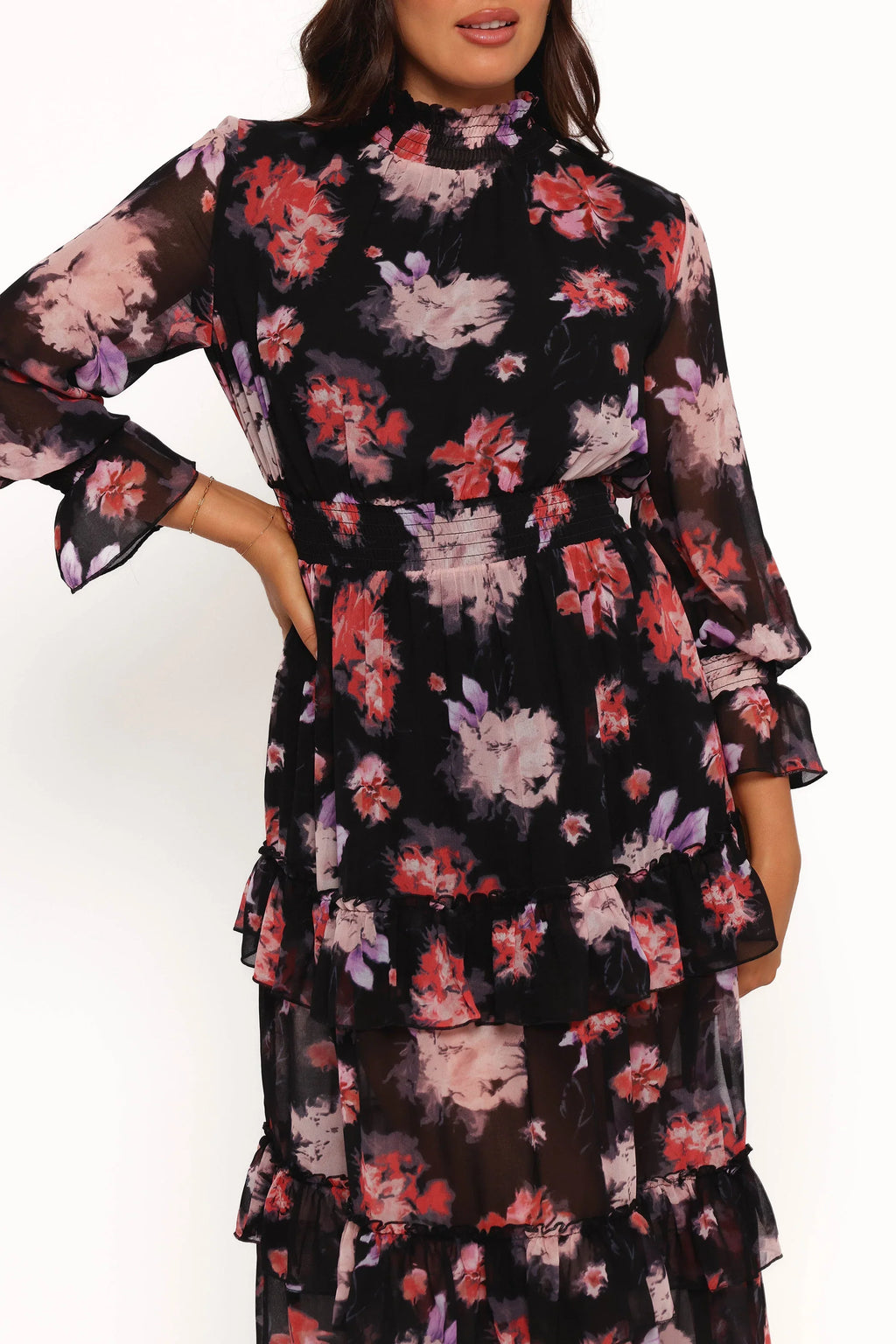 Robe longue Isadora à manches longues – Imprimé floral flou noir