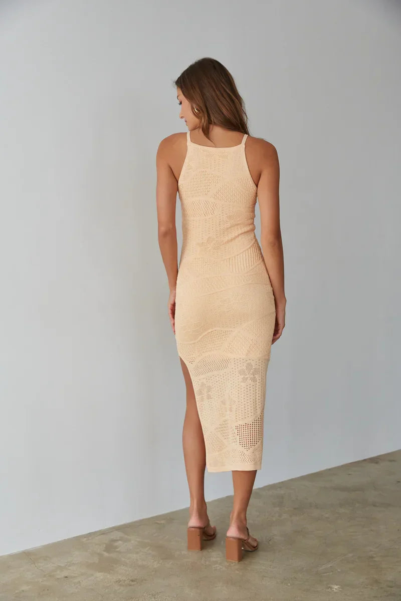Robe midi en maille ajourée à col montant Keilani
