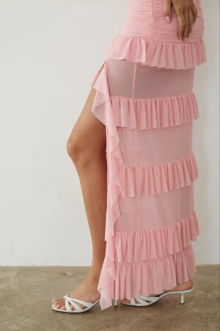 Robe longue Joss en maille à volants