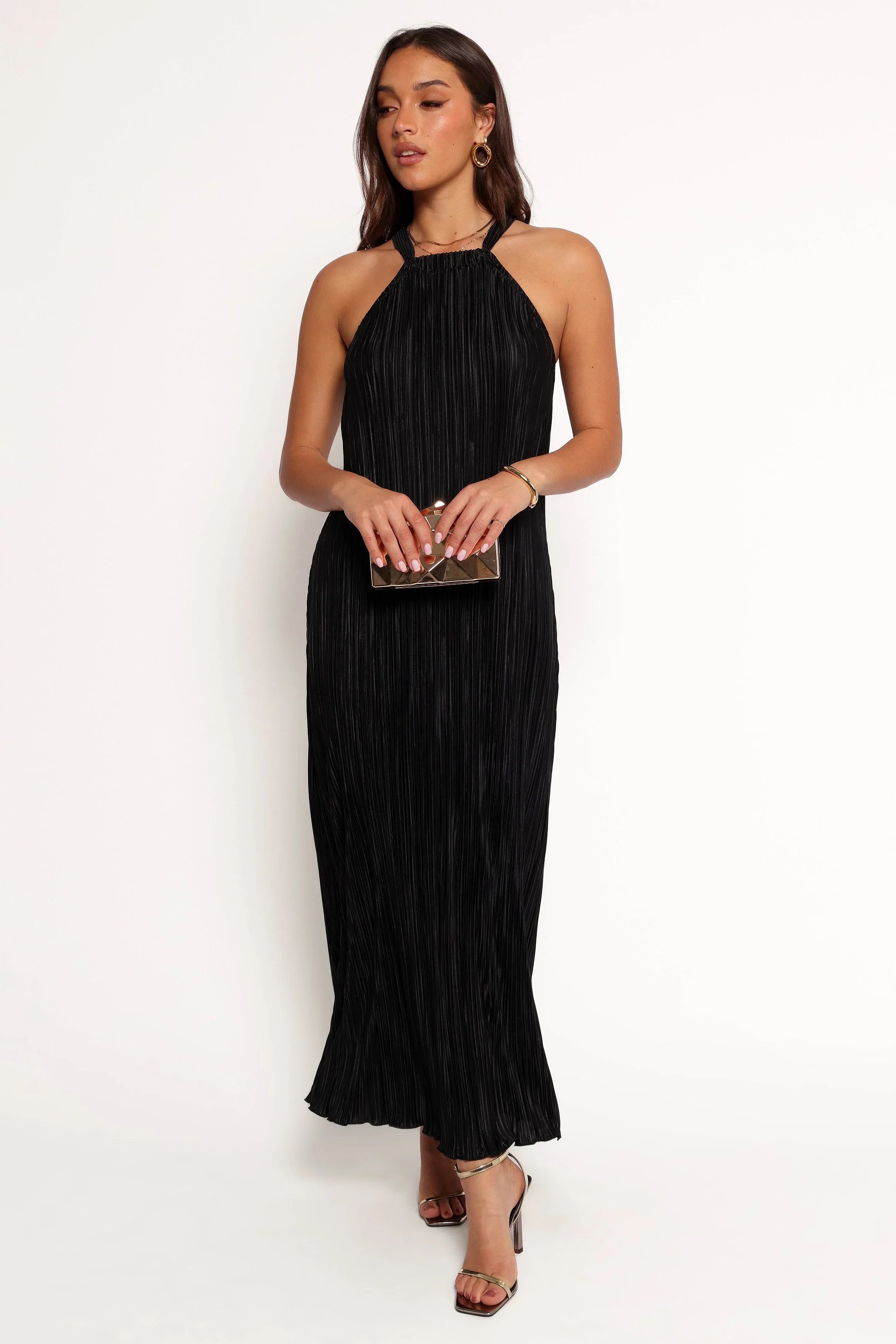 Robe longue dos nu plissée Melody - Noire
