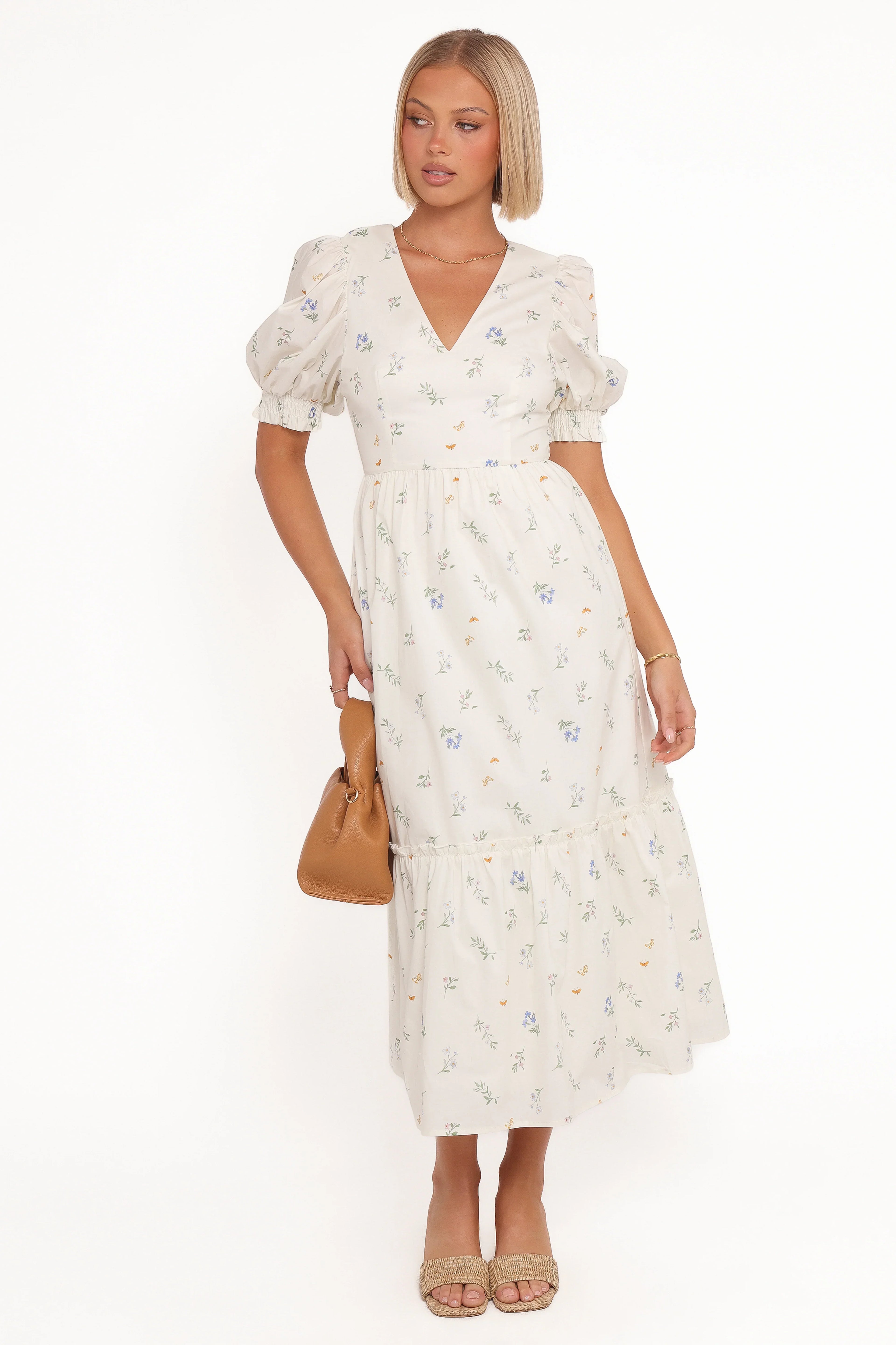 Robe mi-longue Steele à manches bouffantes – Motif floral