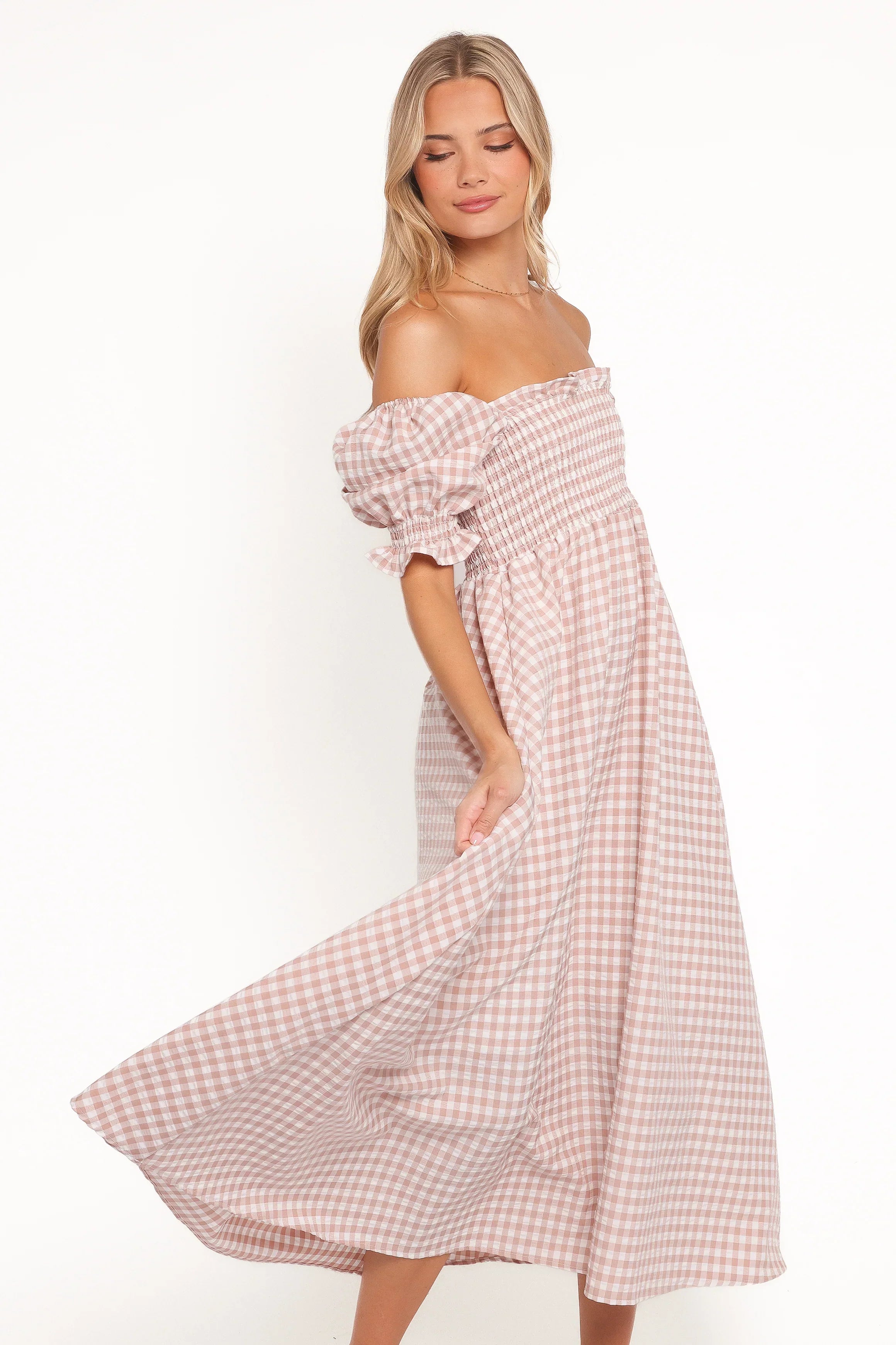 Siun Short Sleeve Midi Dress - Brown Gingham