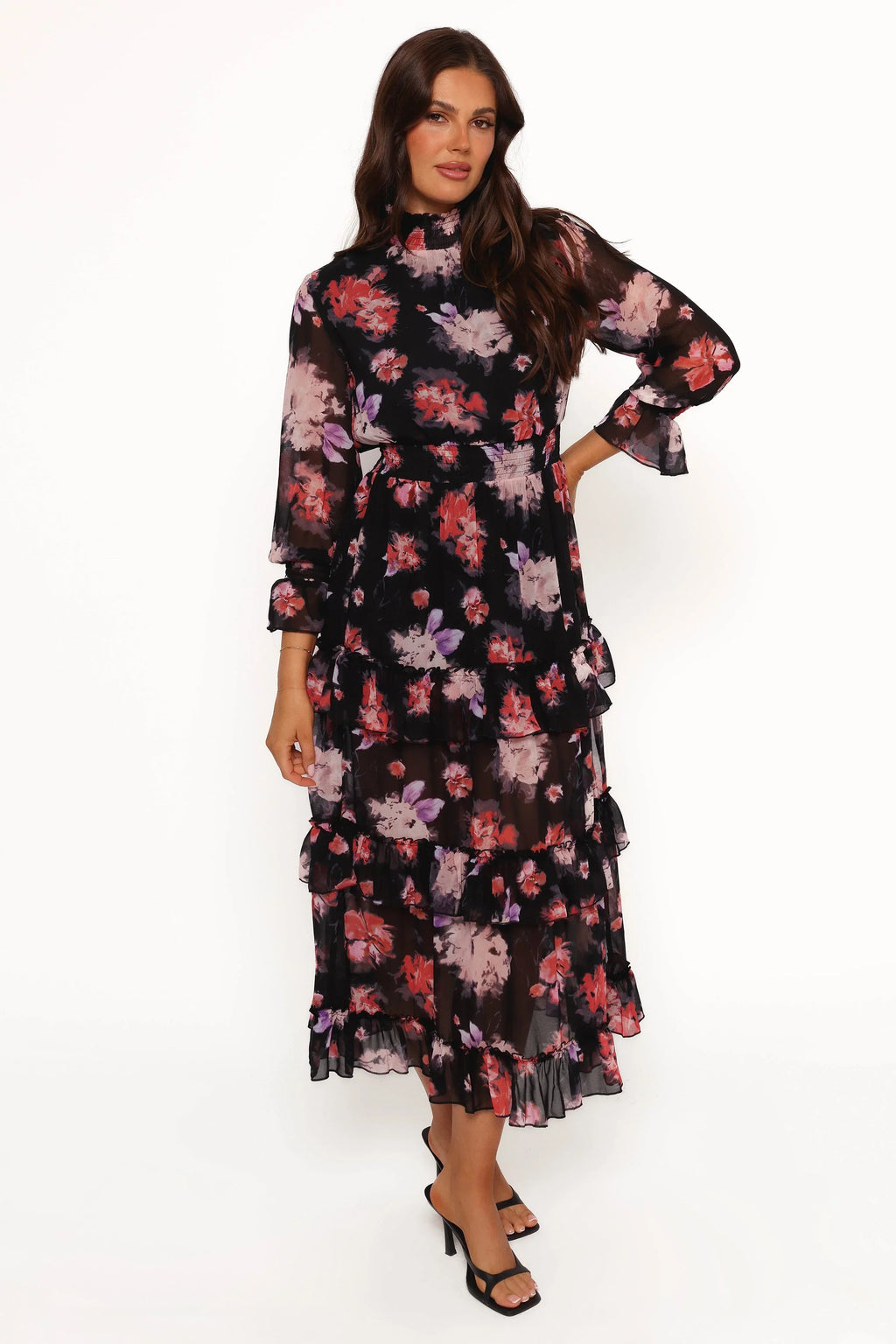 Robe longue Isadora à manches longues – Imprimé floral flou noir