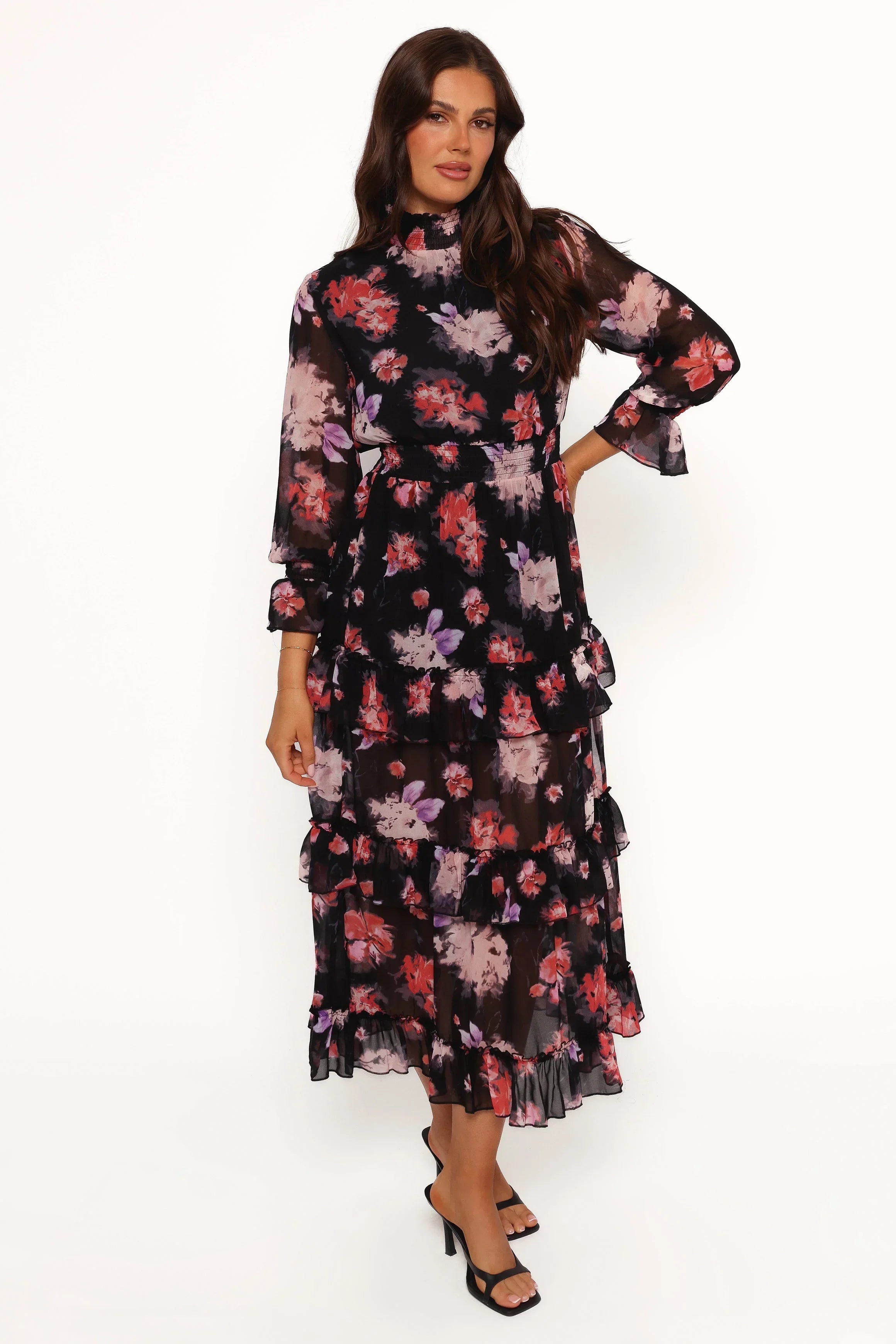 Robe longue Isadora à manches longues – Imprimé floral flou noir