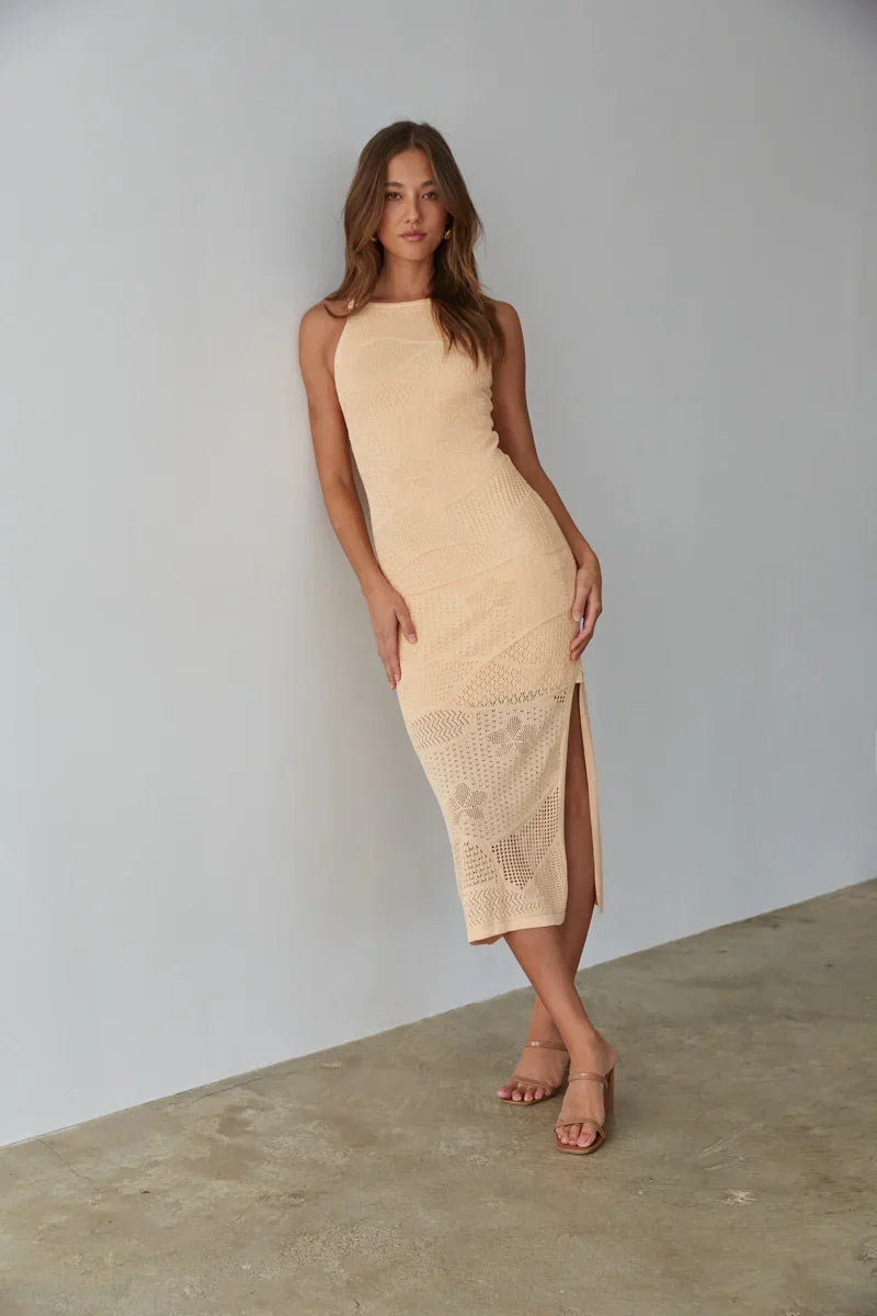 Robe midi en maille ajourée à col montant Keilani