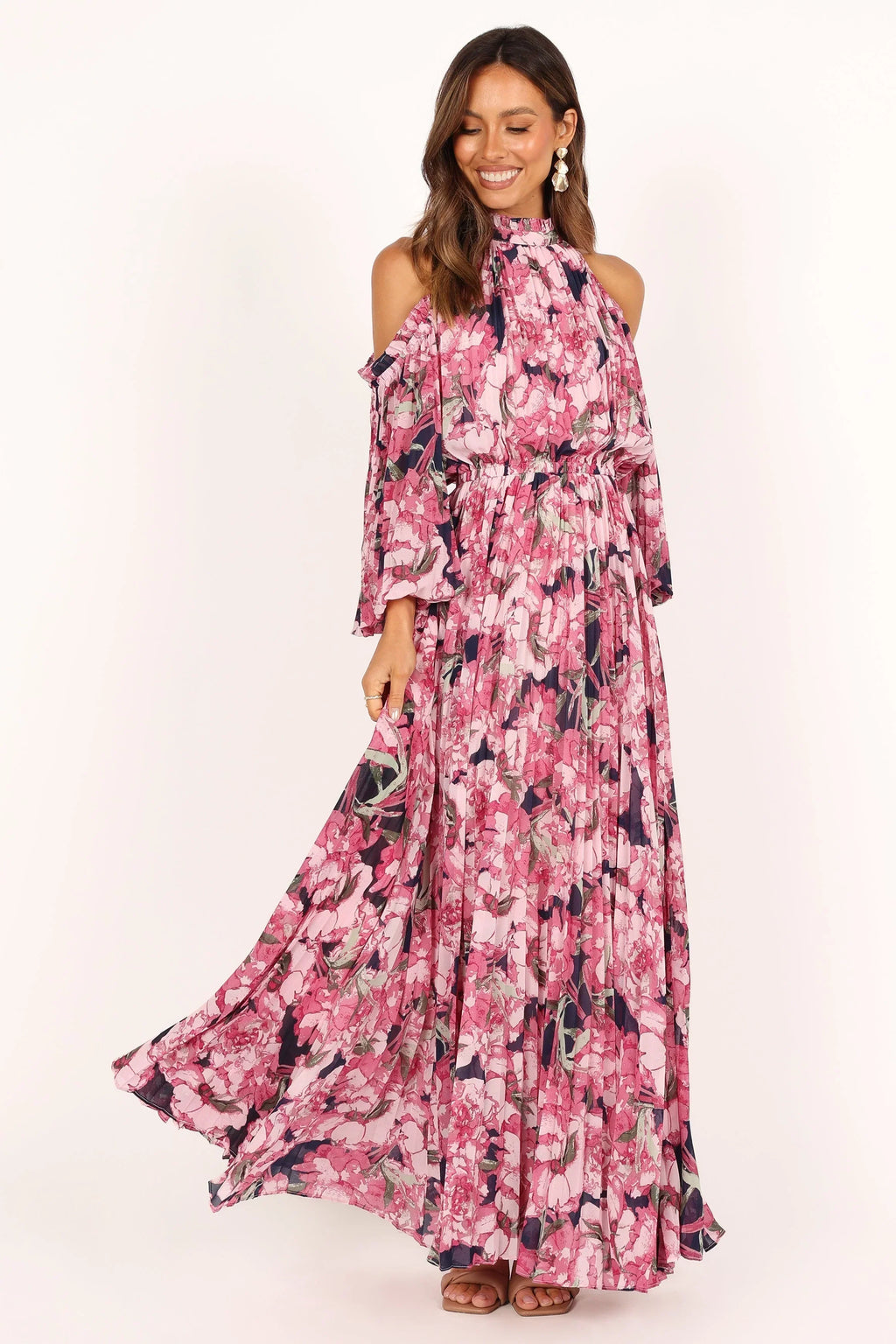 Robe longue plissée Hilary – Imprimé fleuri rose