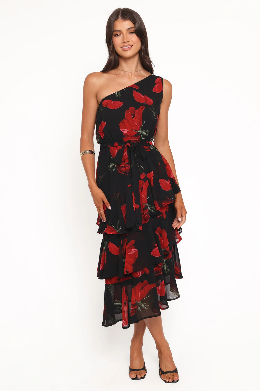 Robe midi étagée asymétrique Brigette - Floral rouge