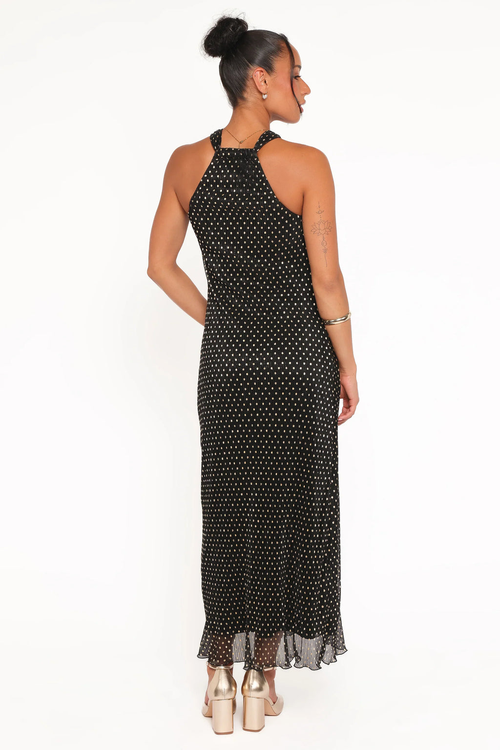 Robe longue Melody Plissée à Col Halter - Pois Dorés/Noirs
