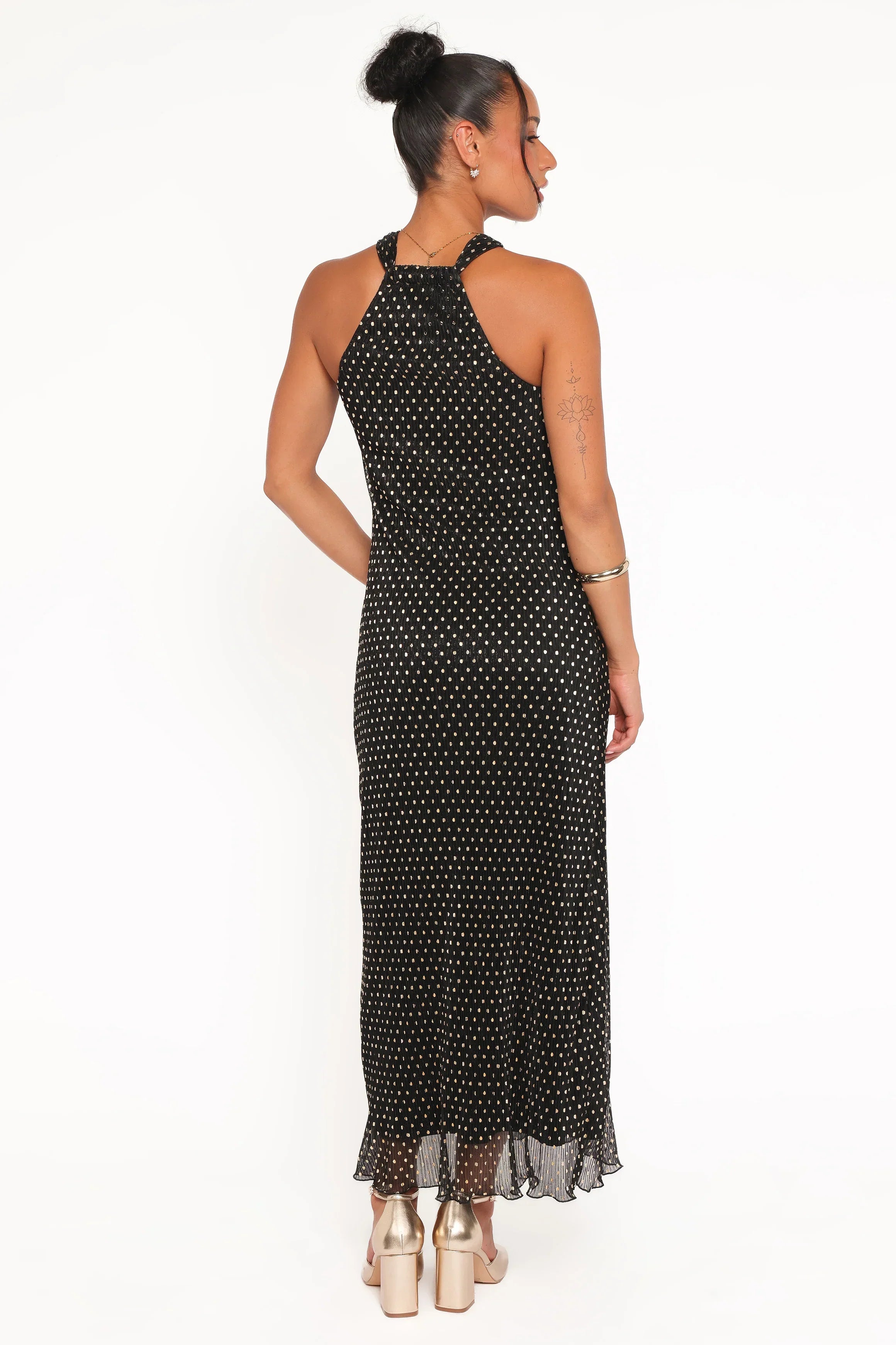 Robe longue Melody Plissée à Col Halter - Pois Dorés/Noirs
