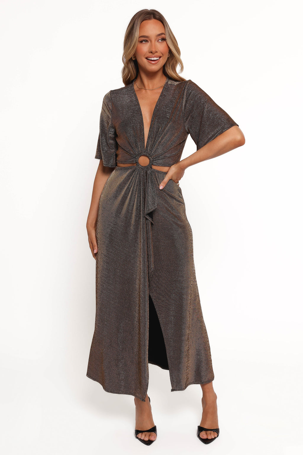 Robe longue ajourée Blanca – Noir/Or rose