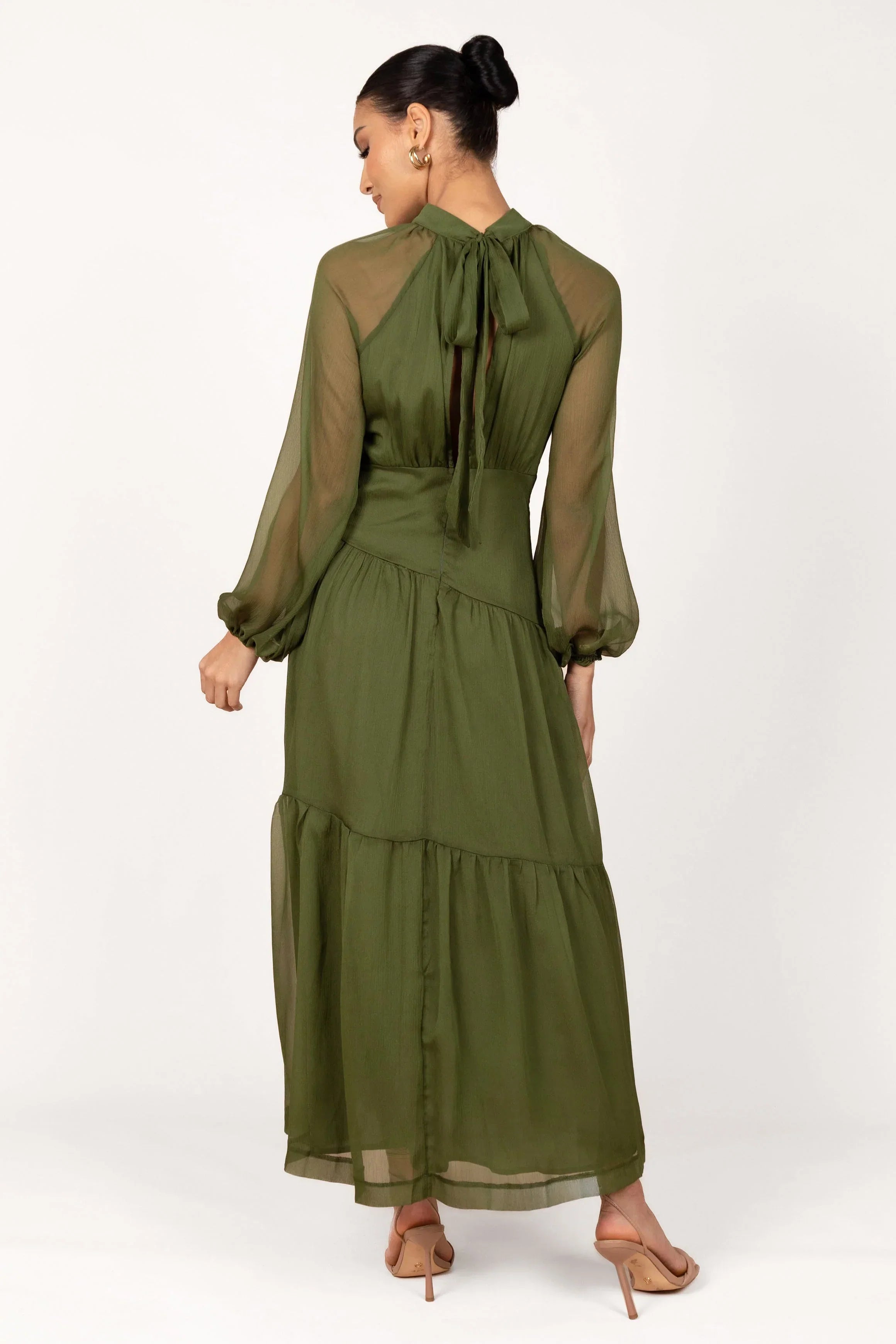 Robe longue maxi à manches longues Julip Sheer - Olive