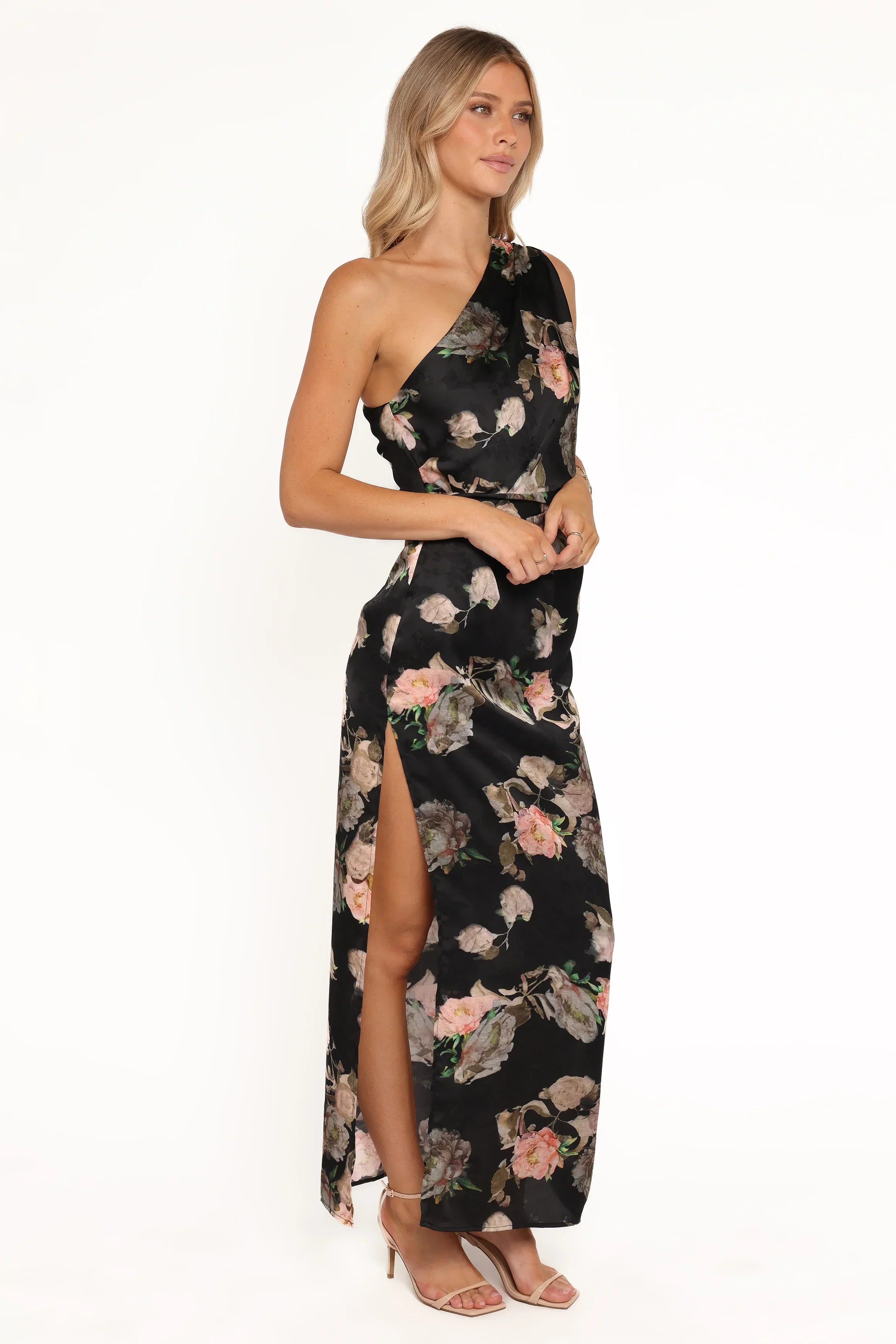 Robe longue Nadia asymétrique à imprimé floral flou
