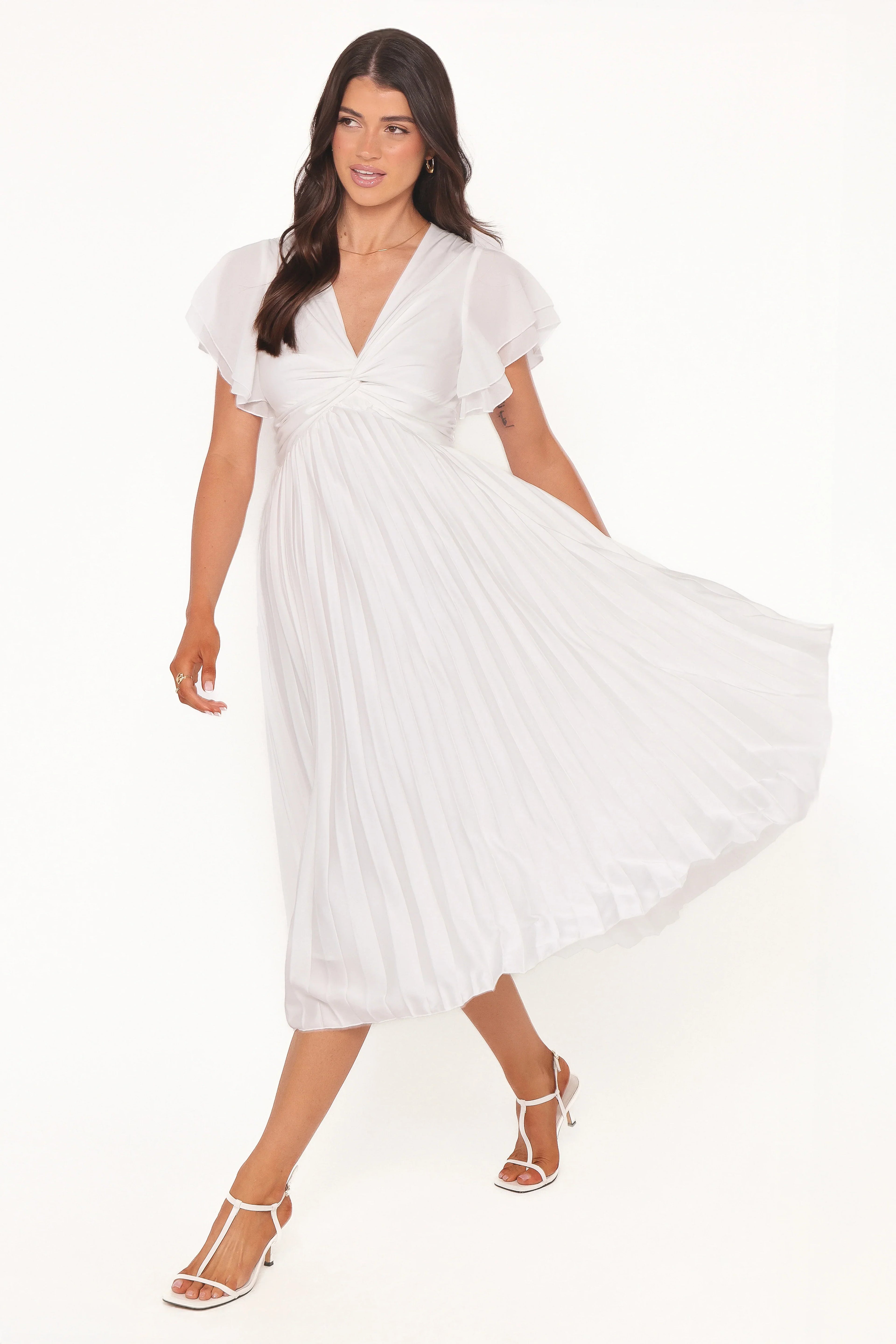 Nova Flutter Sleeve Midi Dress - White