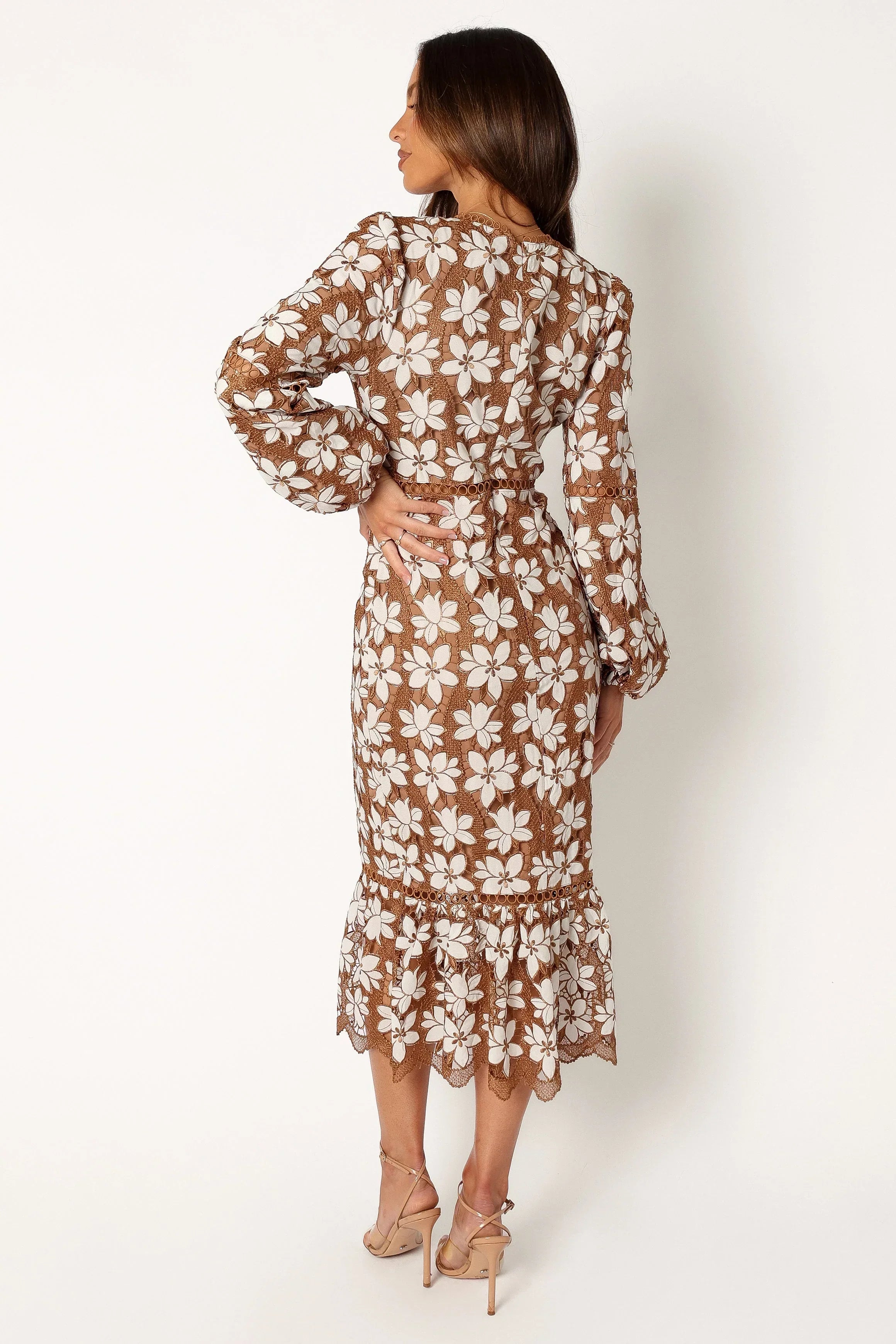 Robe longue en dentelle à manches longues Pierre - Mocha