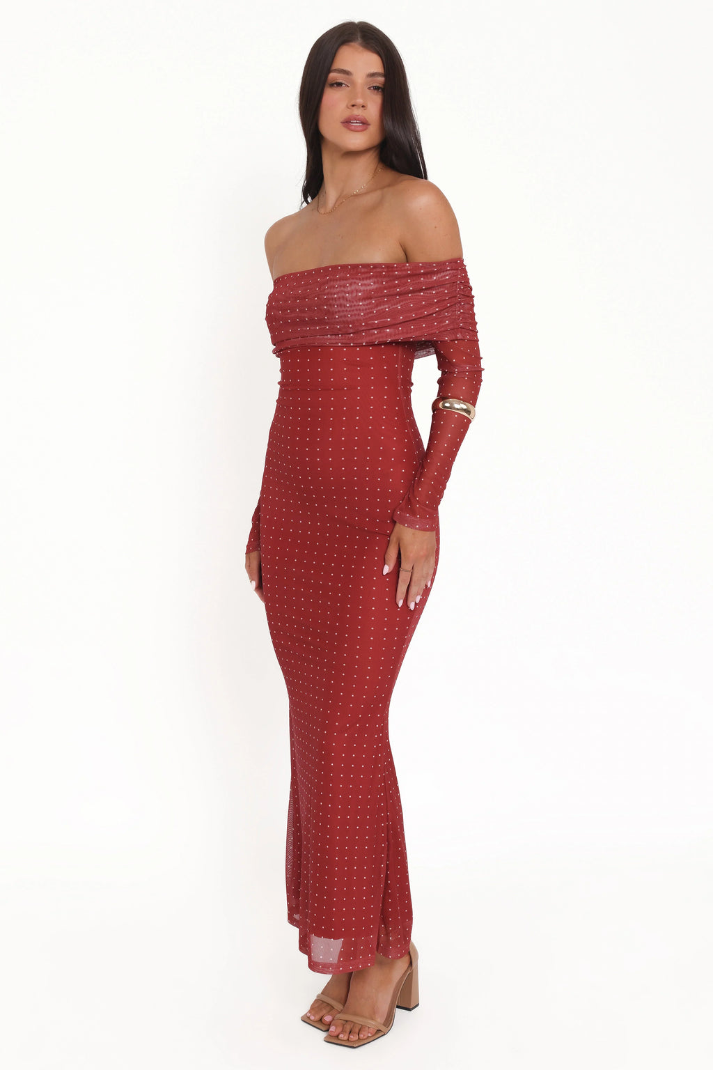 Robe longue épaule nue Zeva - À pois bordeaux