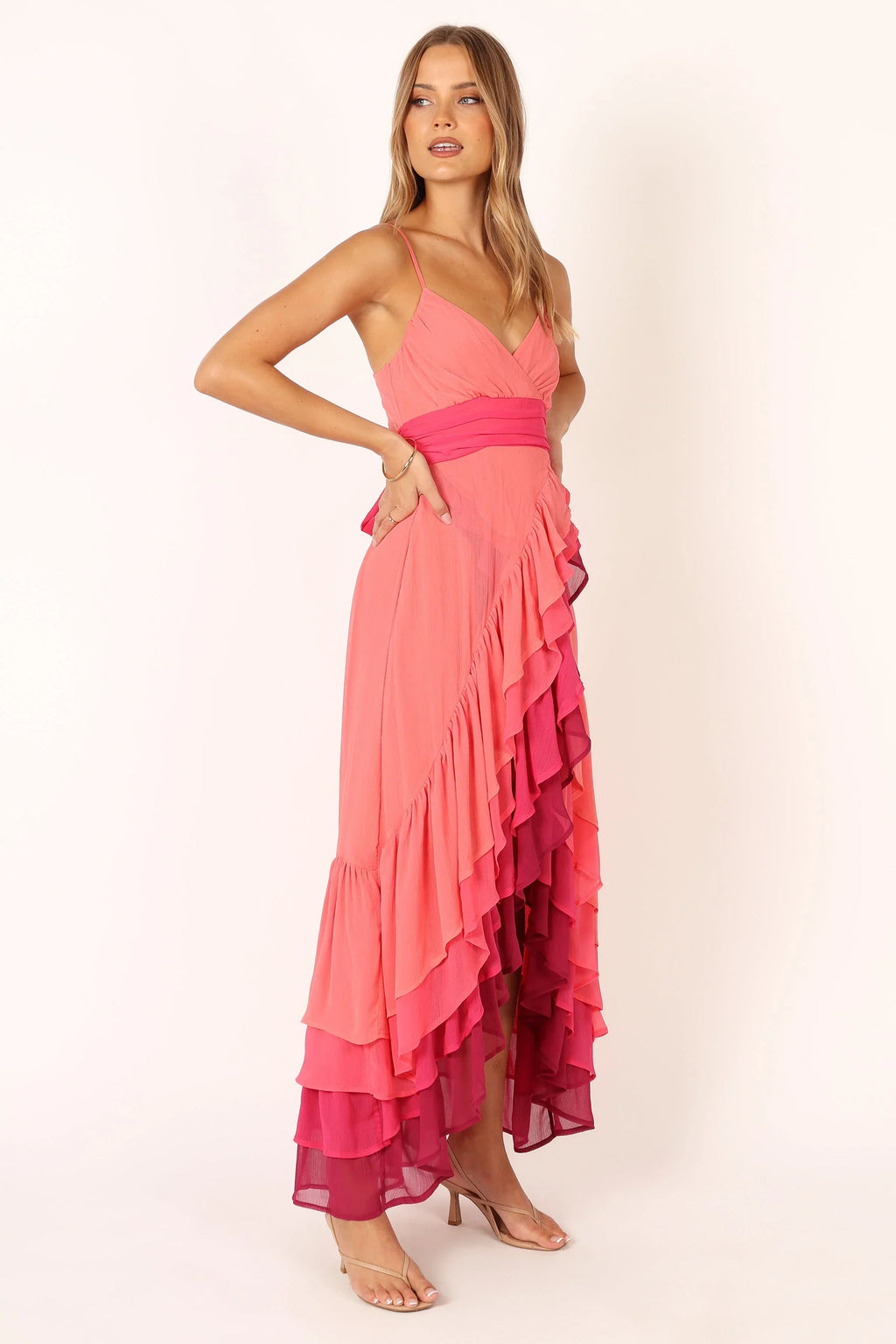 Robe longue étagée BomBon - Rose corail vif