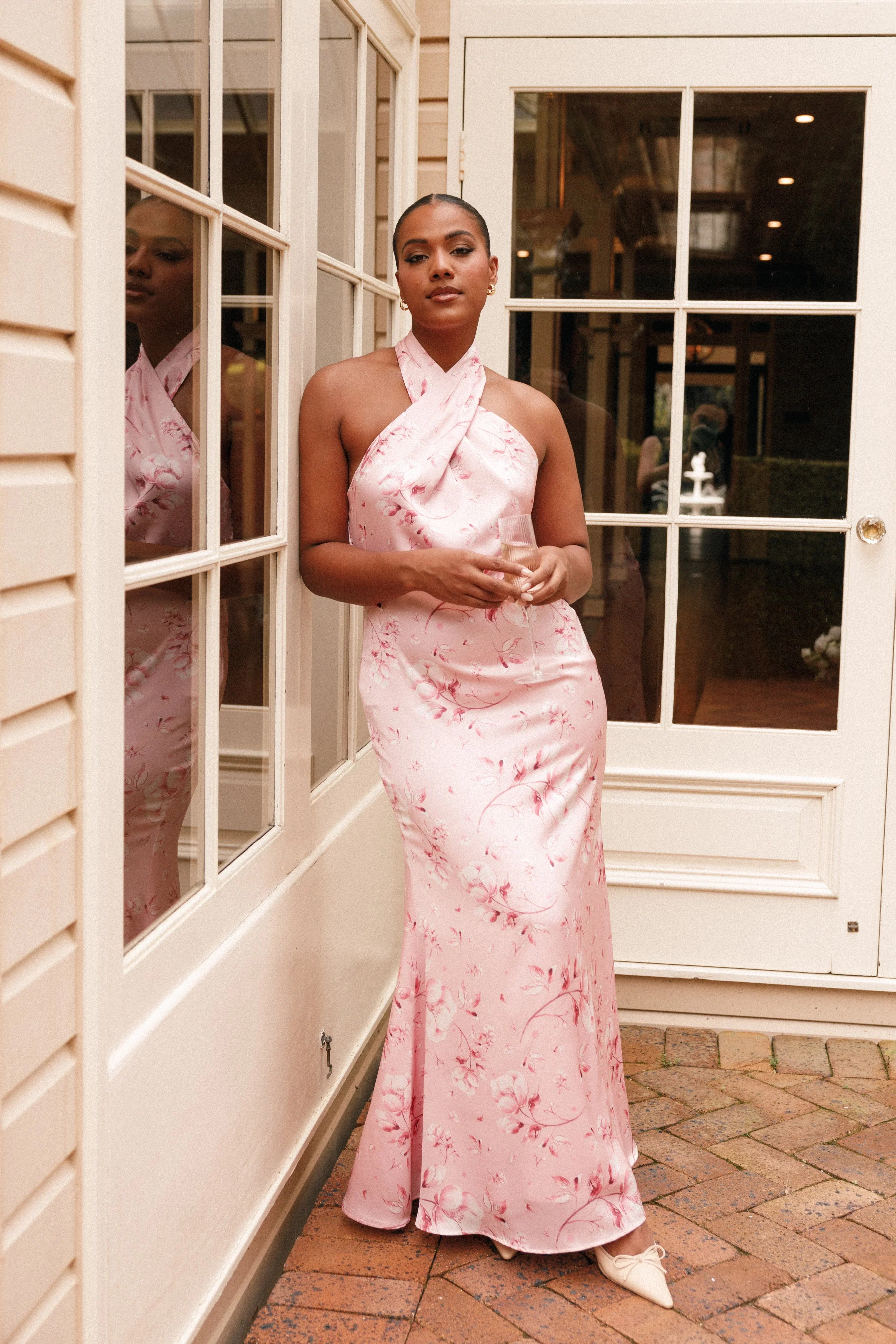Robe longue dos nu Mila – Imprimé floral rose