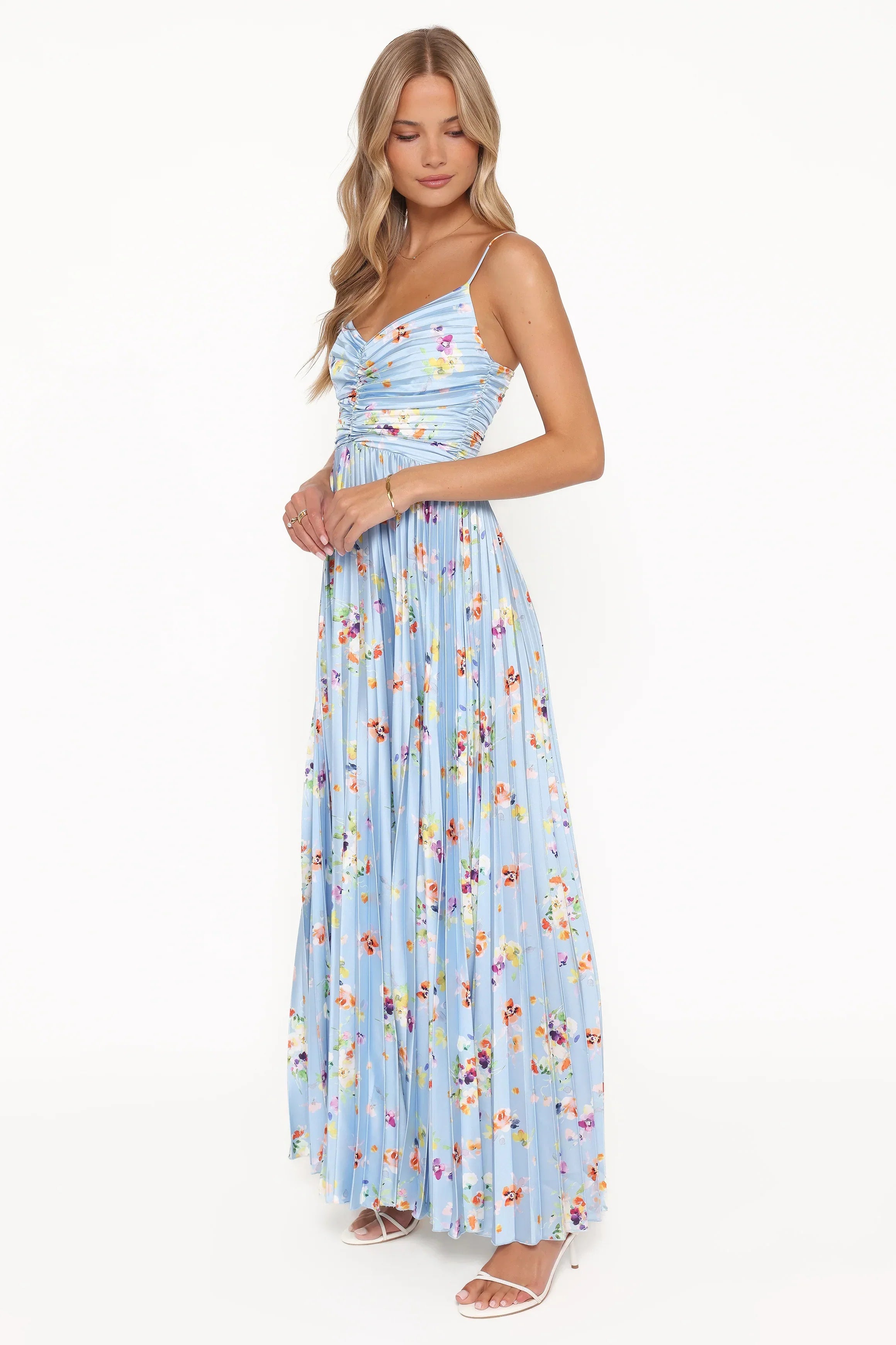 Robe longue plissée Naira - Imprimé floral bleuet