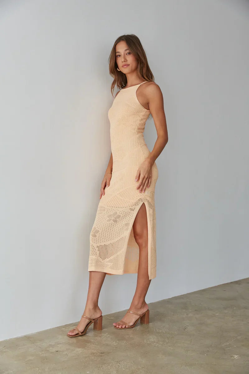 Robe midi en maille ajourée à col montant Keilani