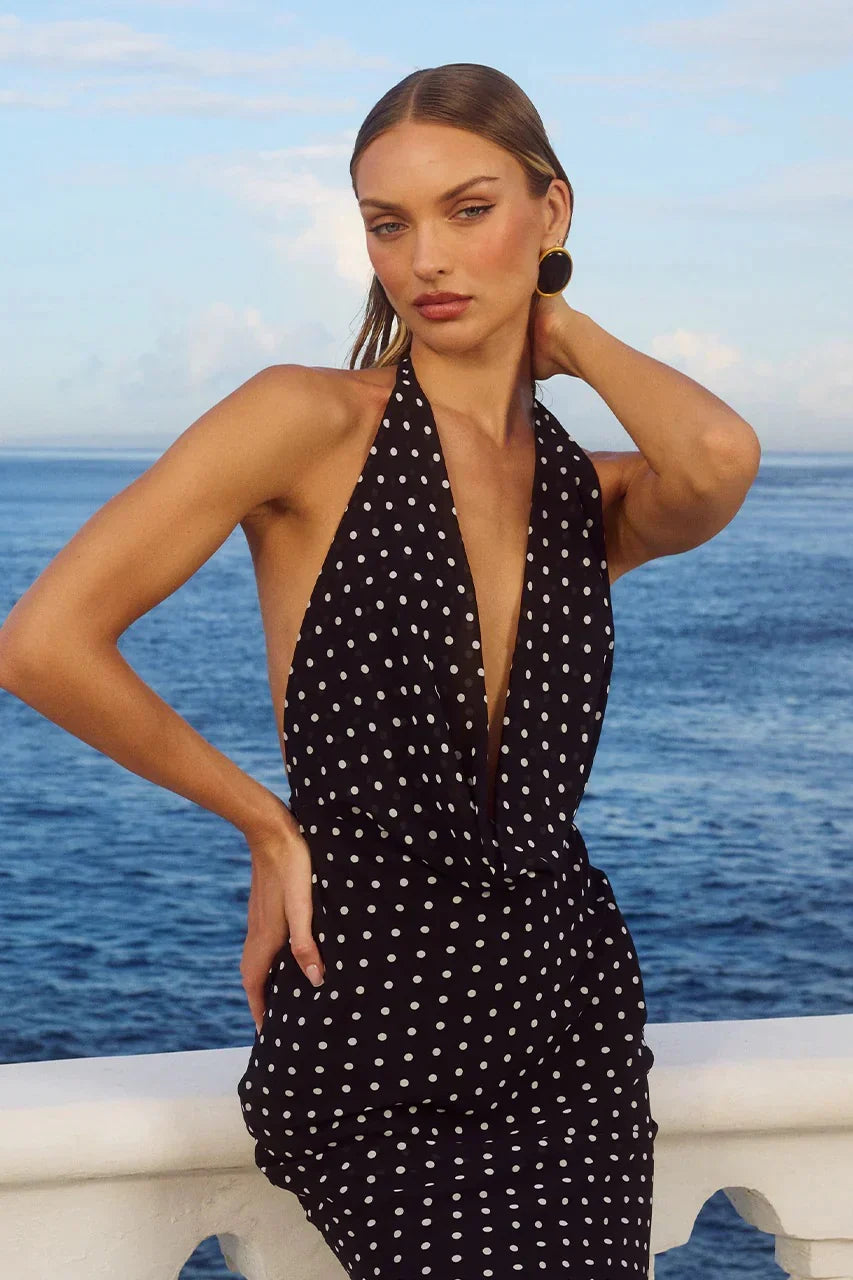 Robe longue Lexie à décolleté plongeant et col montant halter
