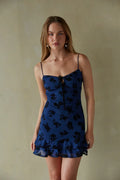 Mini-robe en velours Coraline à dos ouvert et motif floral