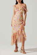 Robe midi en mousseline de soie à volants floraux ASTR Luvita