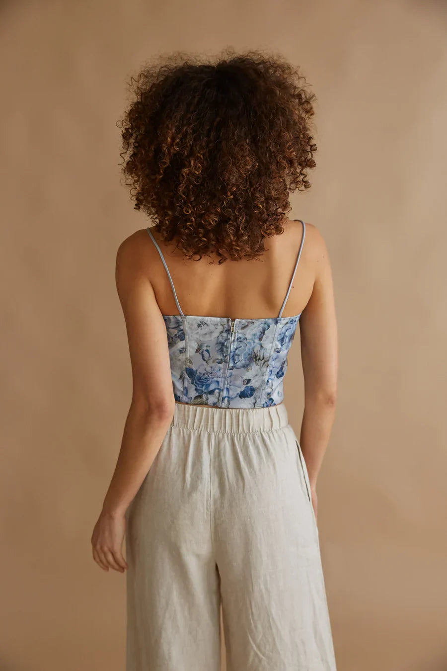 Top corset en satin à lacets Delphine à imprimé floral