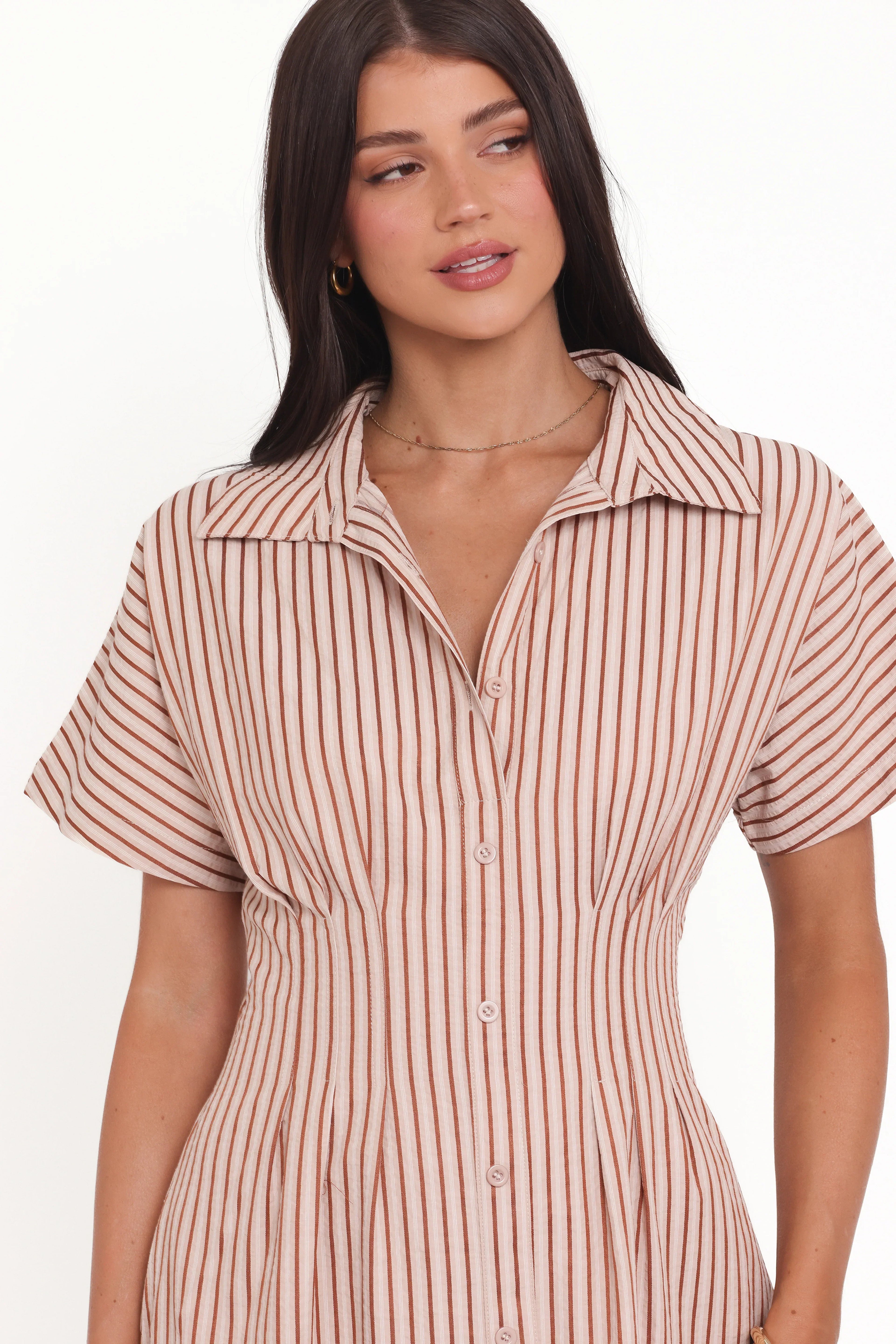 Robe longue à manches courtes et boutonnée Eilis - Rayures marron