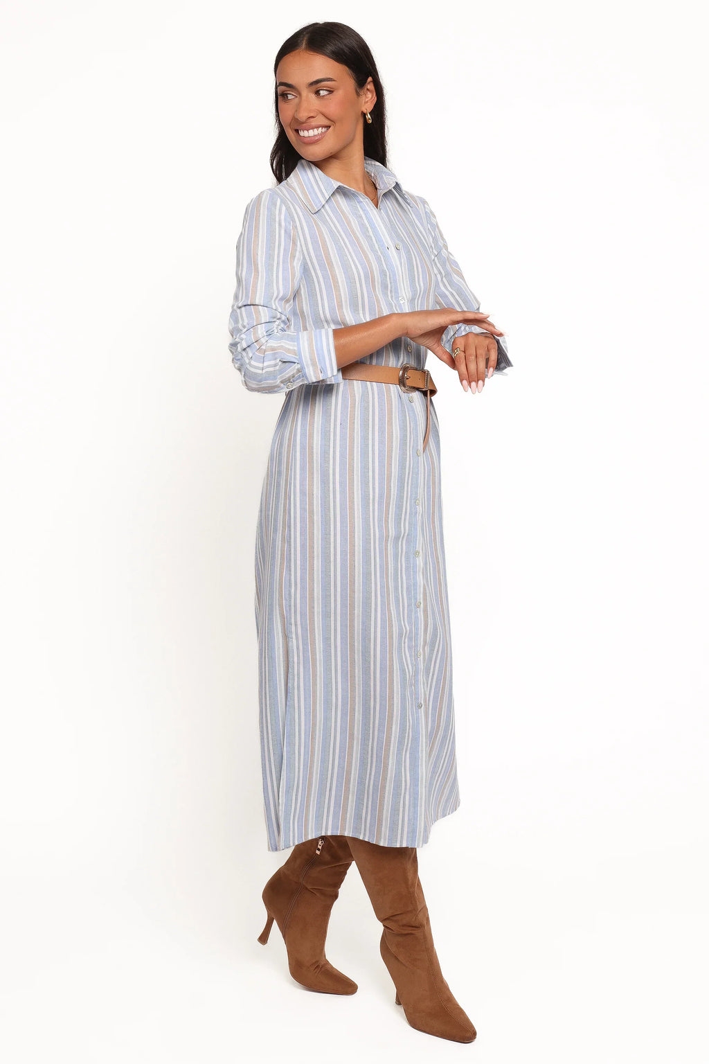 Caprice Long Sleeve Button Down Maxi Dress - Blue Stripe