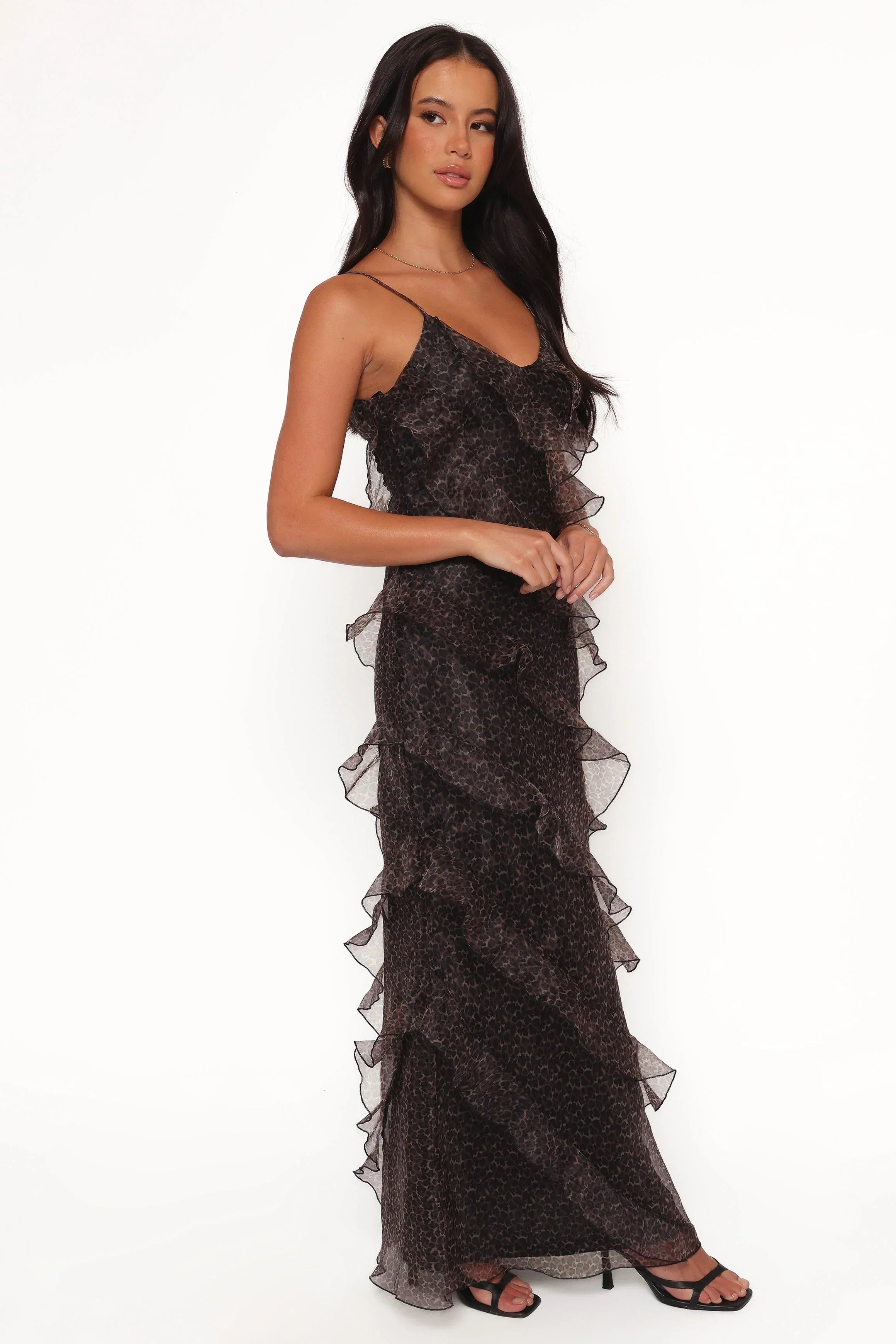 Robe longue Ciao Ruffles – Léopard noir