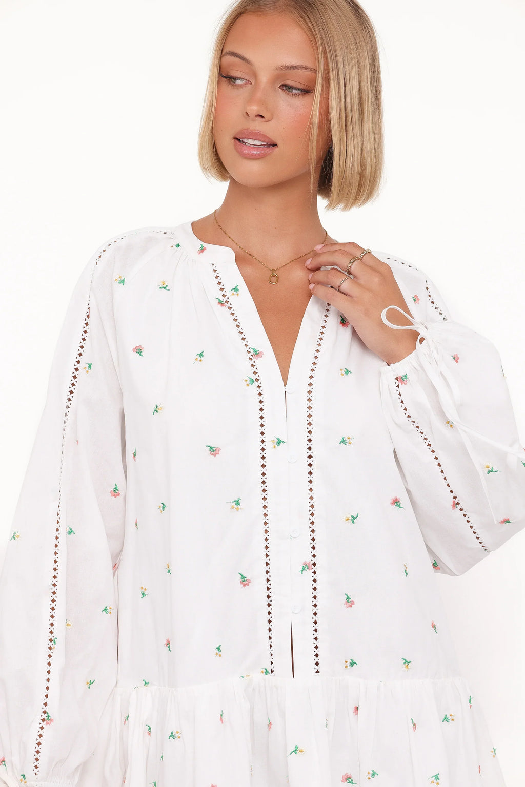Robe mini à manches longues Hart - Fleurie blanche
