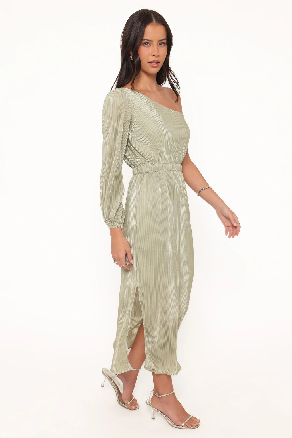 Pontee One Shoulder Pleated Midi Dress - Sage Green