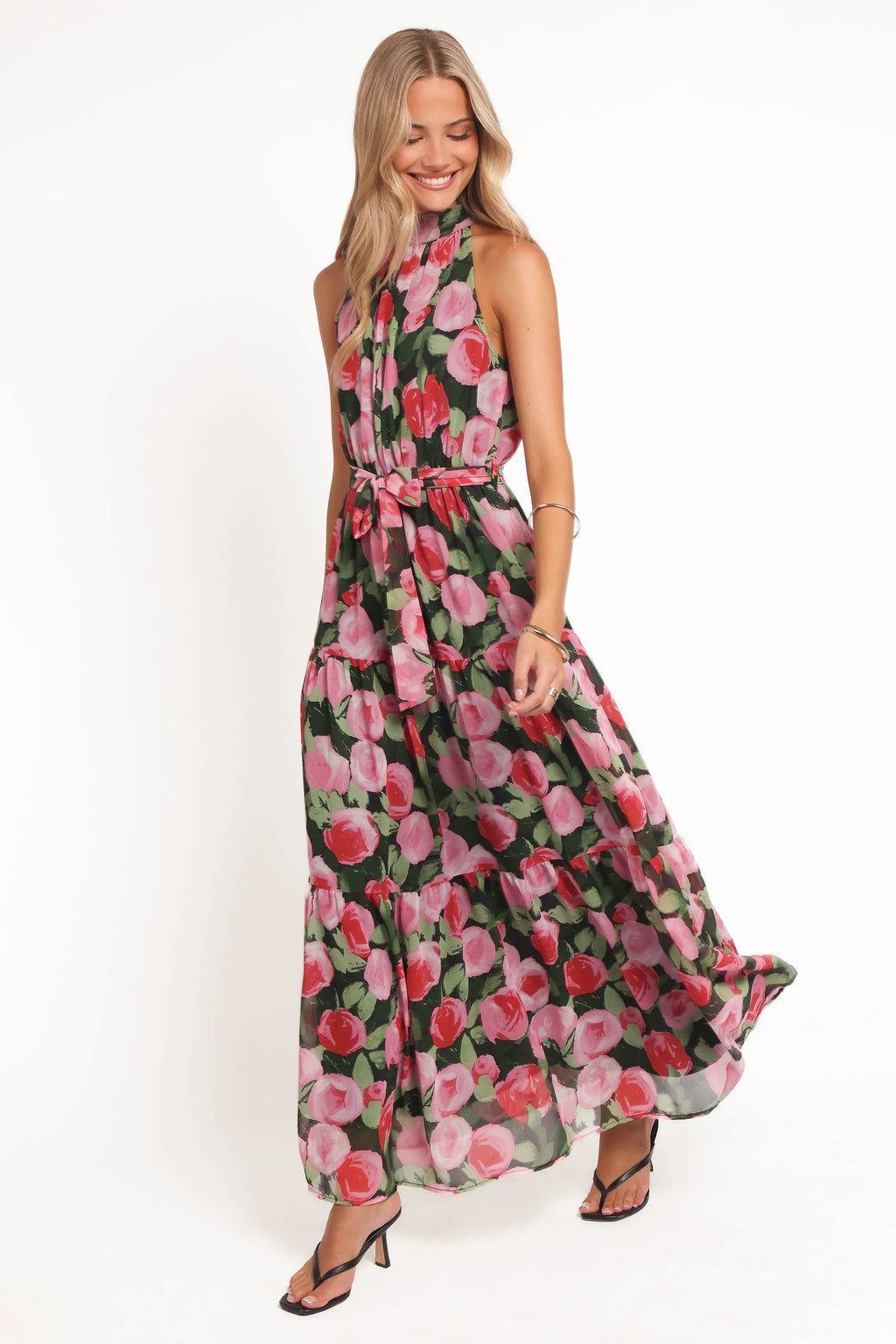 Robe longue Caroline à licou – Fleurie noire