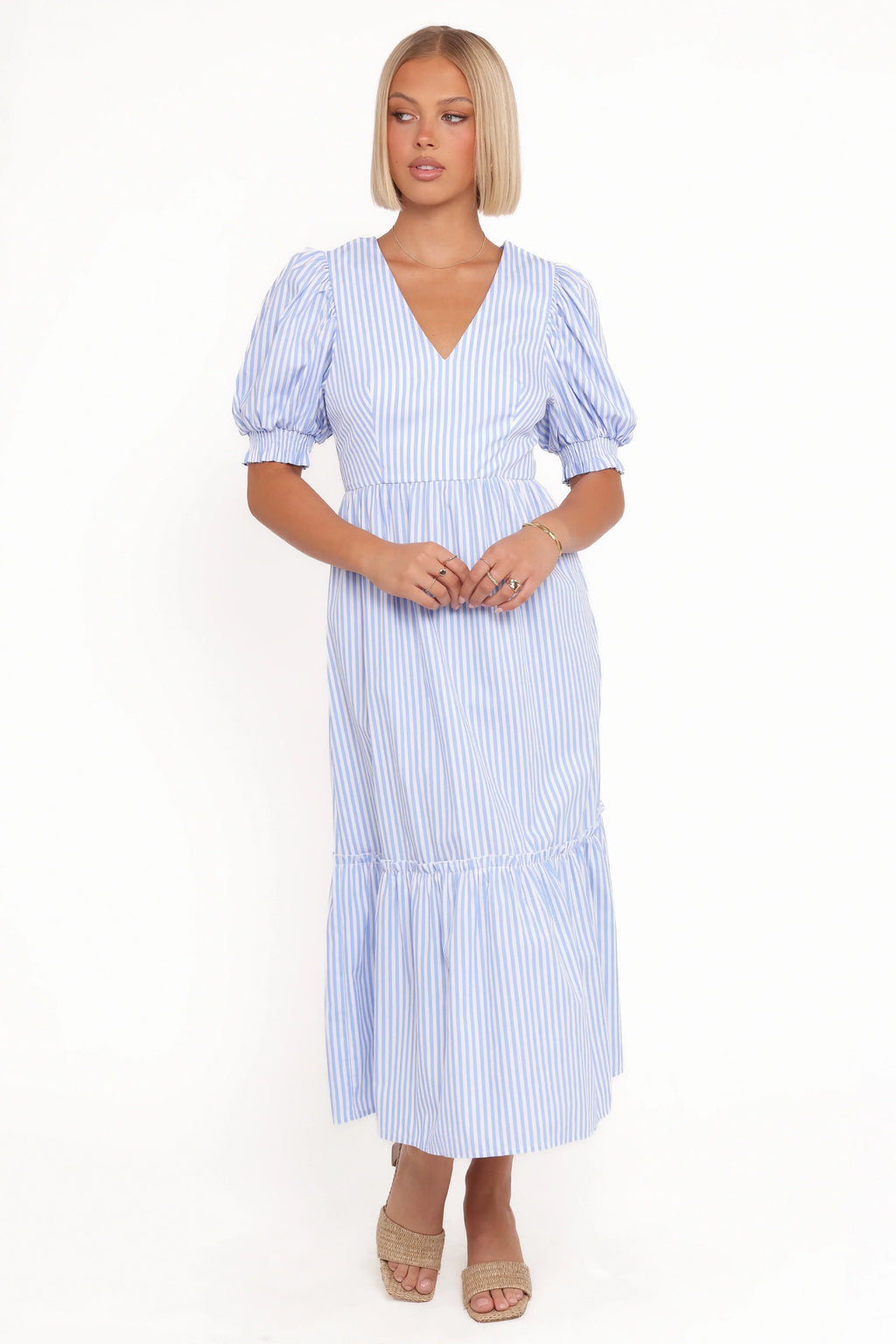 Steele Puff Sleeve Midi Dress - Blue Stripe