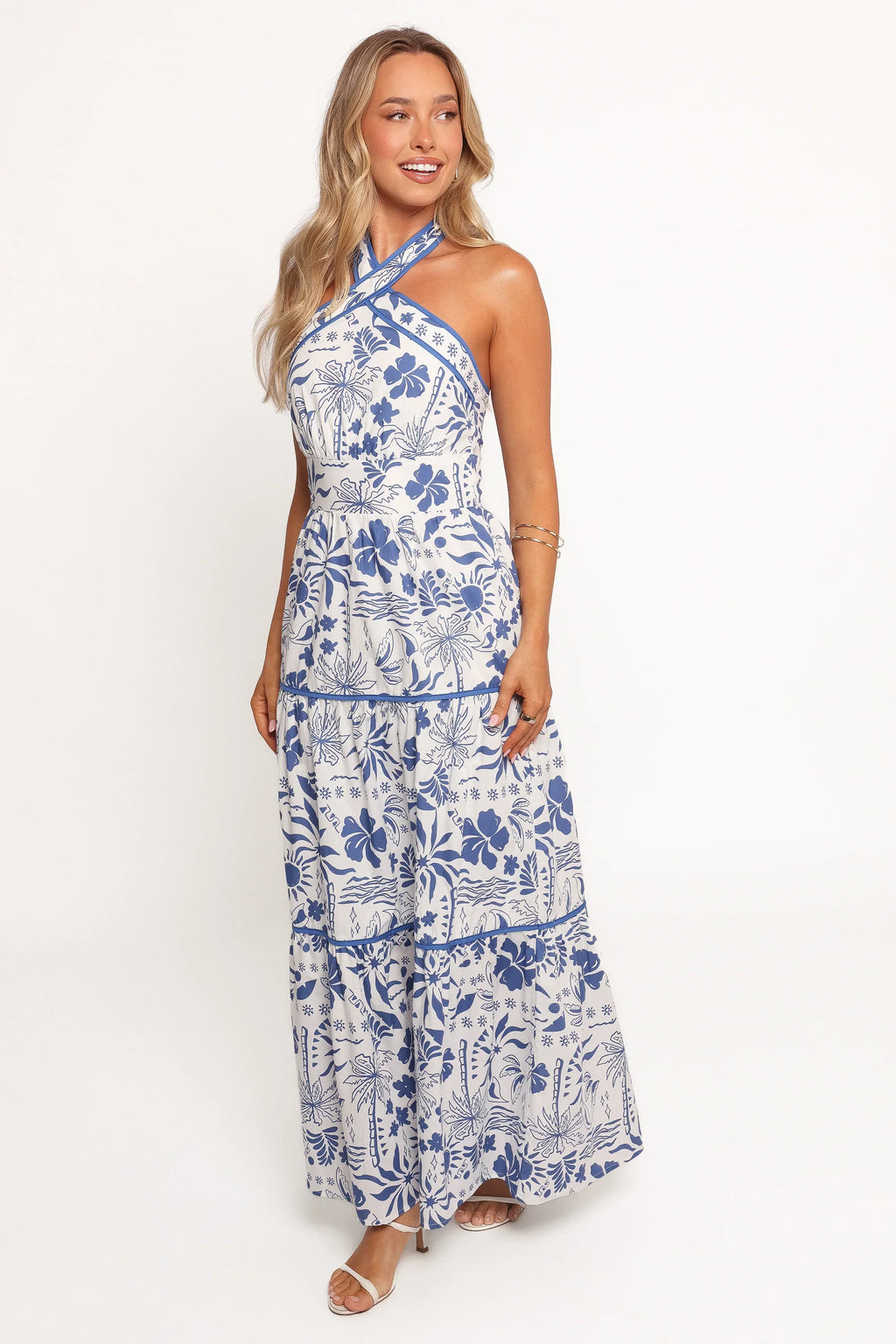 Robe longue Fernanda à col montant - Tropical bleu