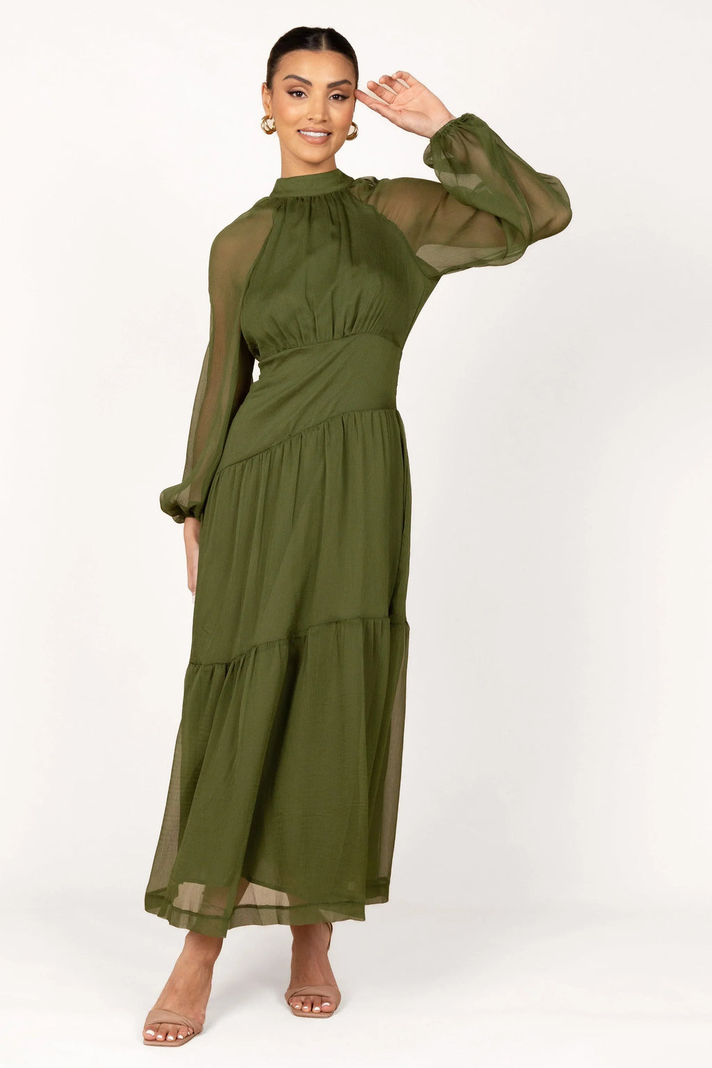 Robe longue maxi à manches longues Julip Sheer - Olive