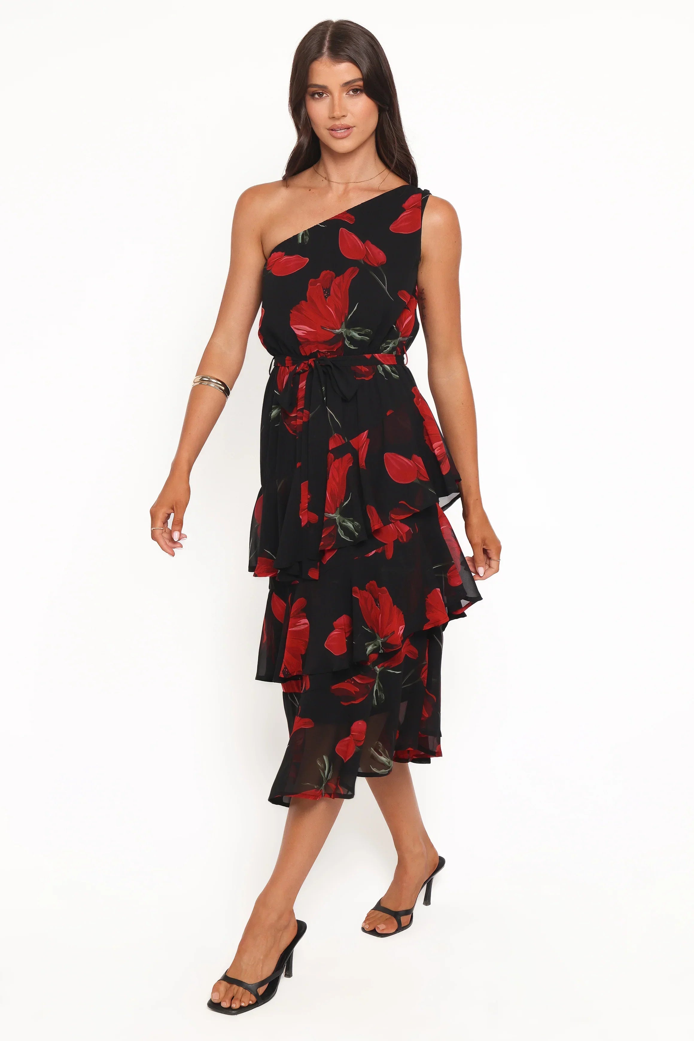 Robe midi étagée asymétrique Brigette - Floral rouge