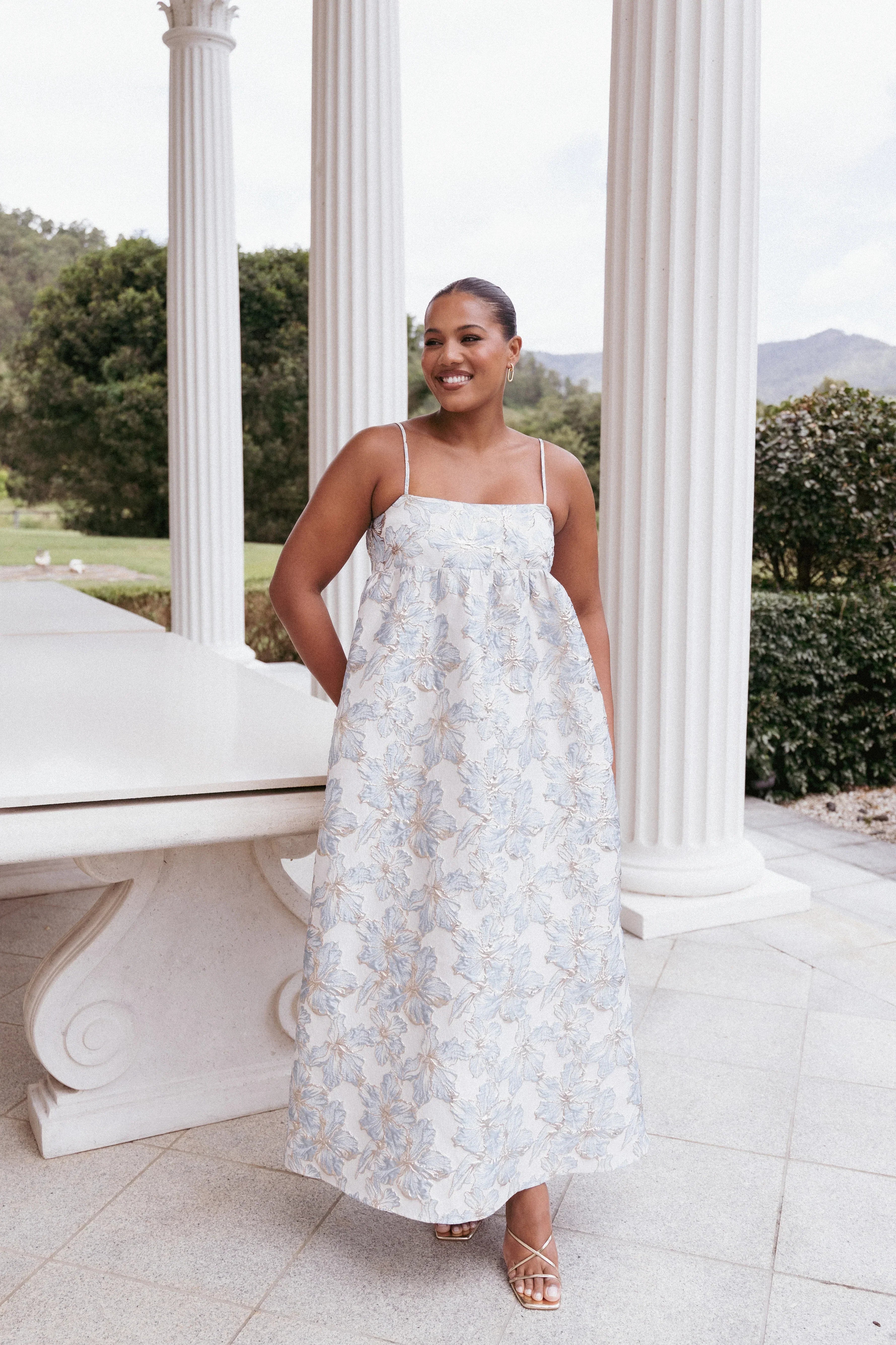 Robe longue Yasmine - Imprimé floral bleu ciel