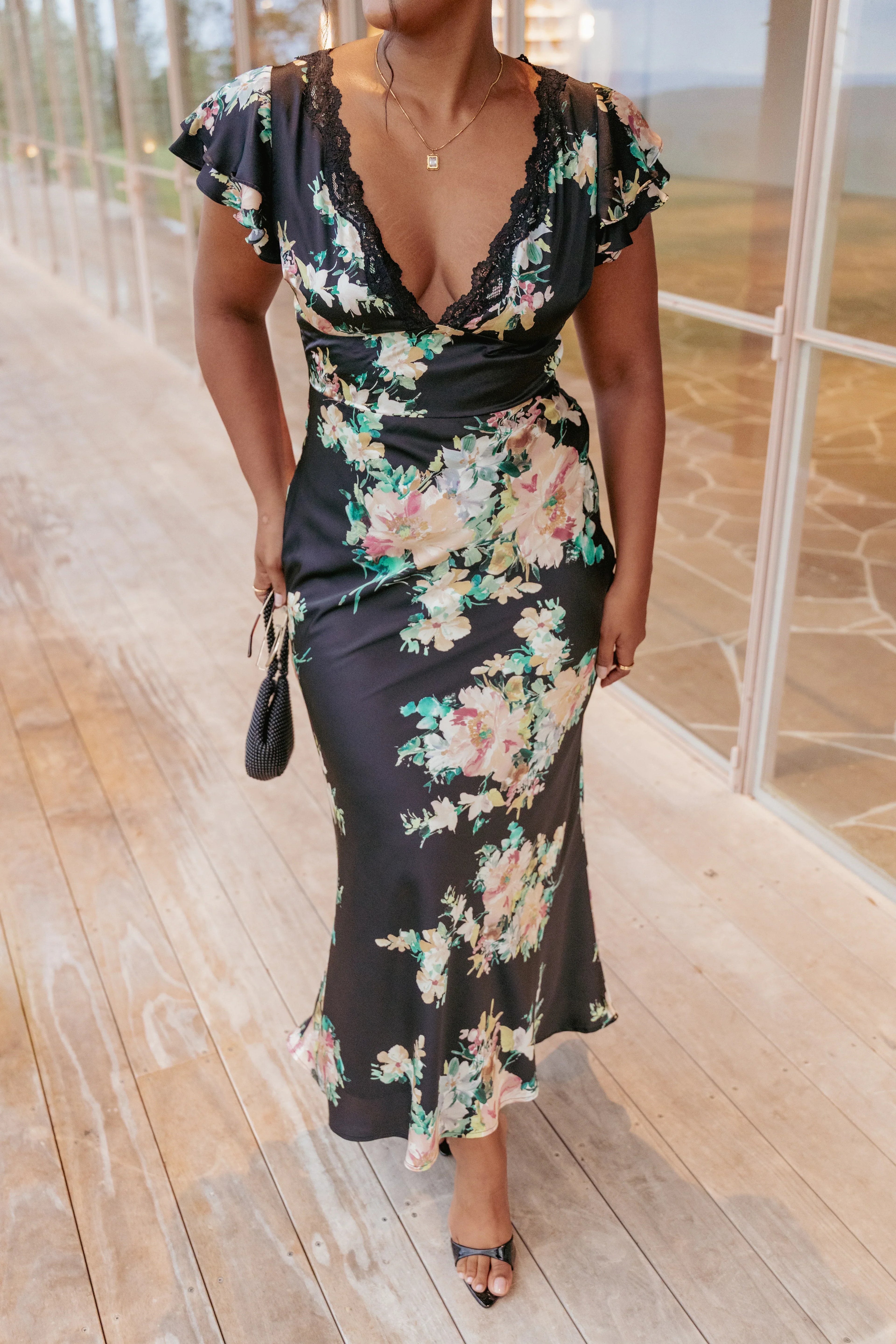 Robe longue Arella - Imprimé floral noir