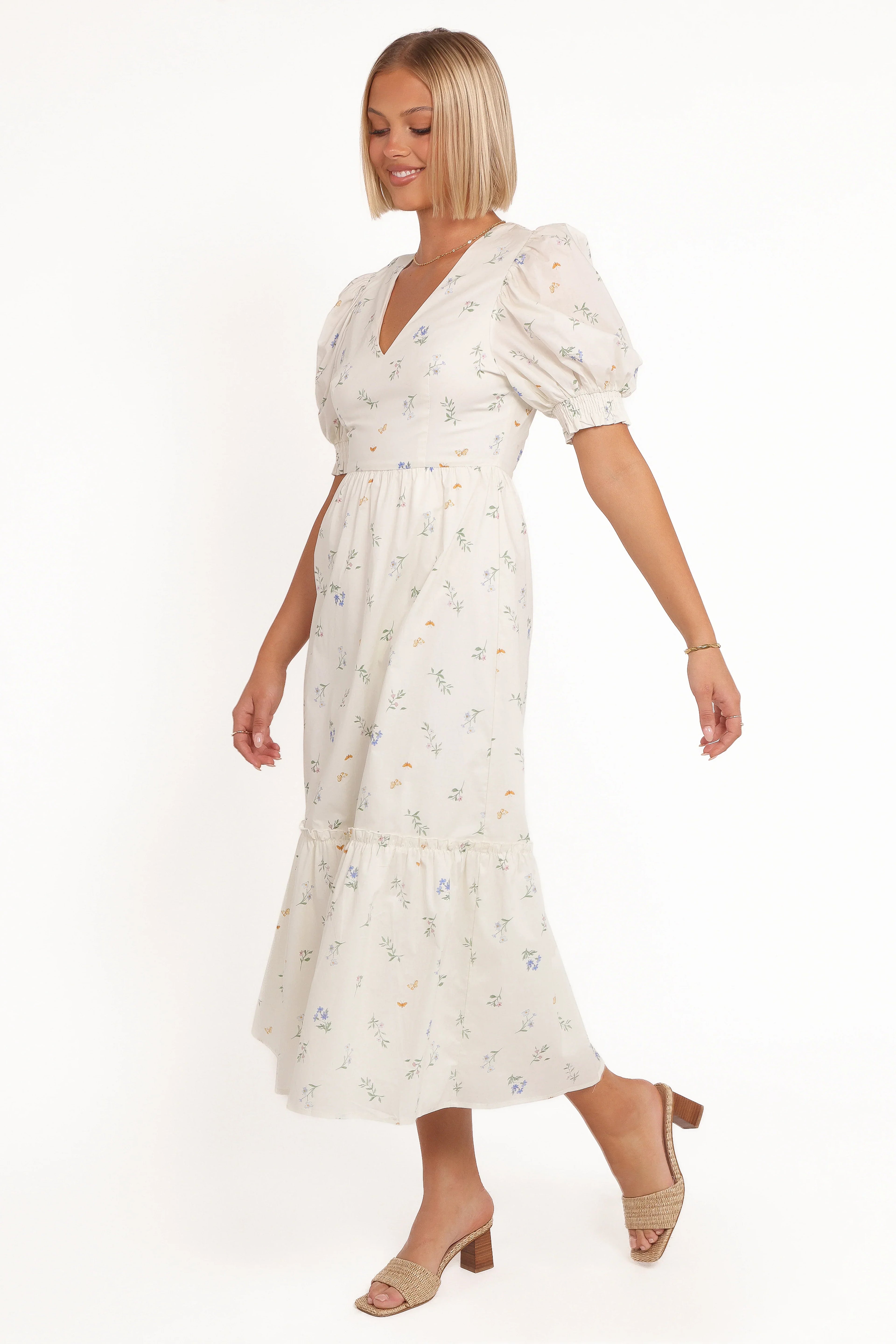 Robe mi-longue Steele à manches bouffantes – Motif floral