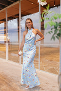 Robe longue à encolure américaine Mila - Bleu bleuet fleuri