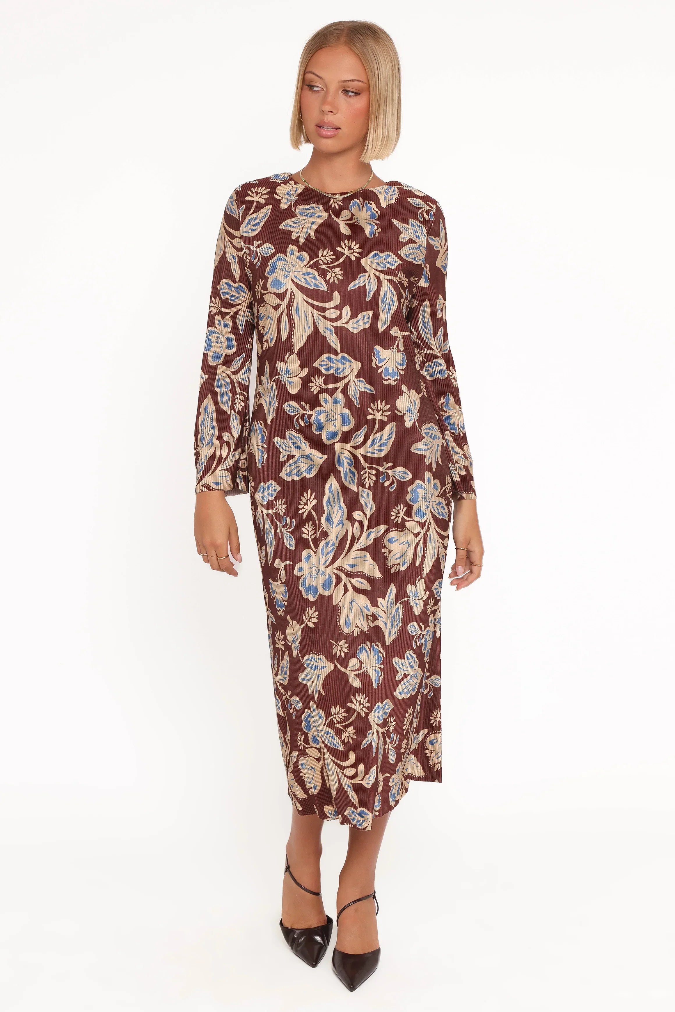 Robe Midi Manches Longues Morena - Motif Floral Marron