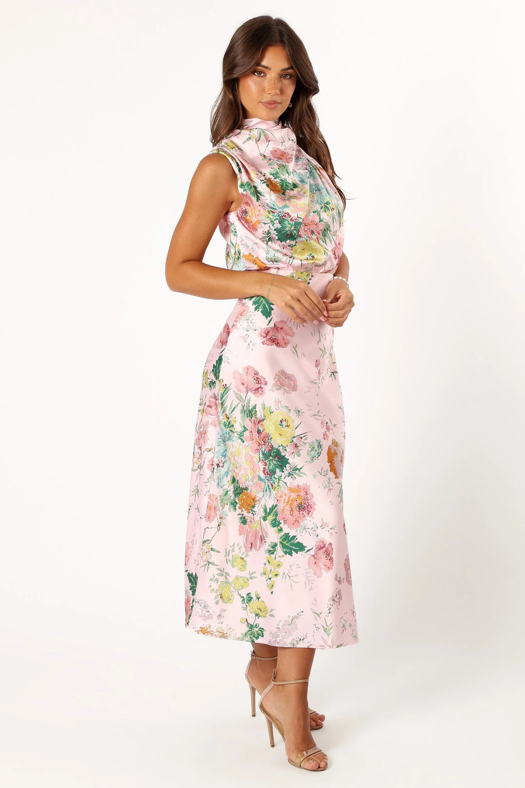 Robe midi Anabelle à encolure américaine - Imprimé fleuri rose