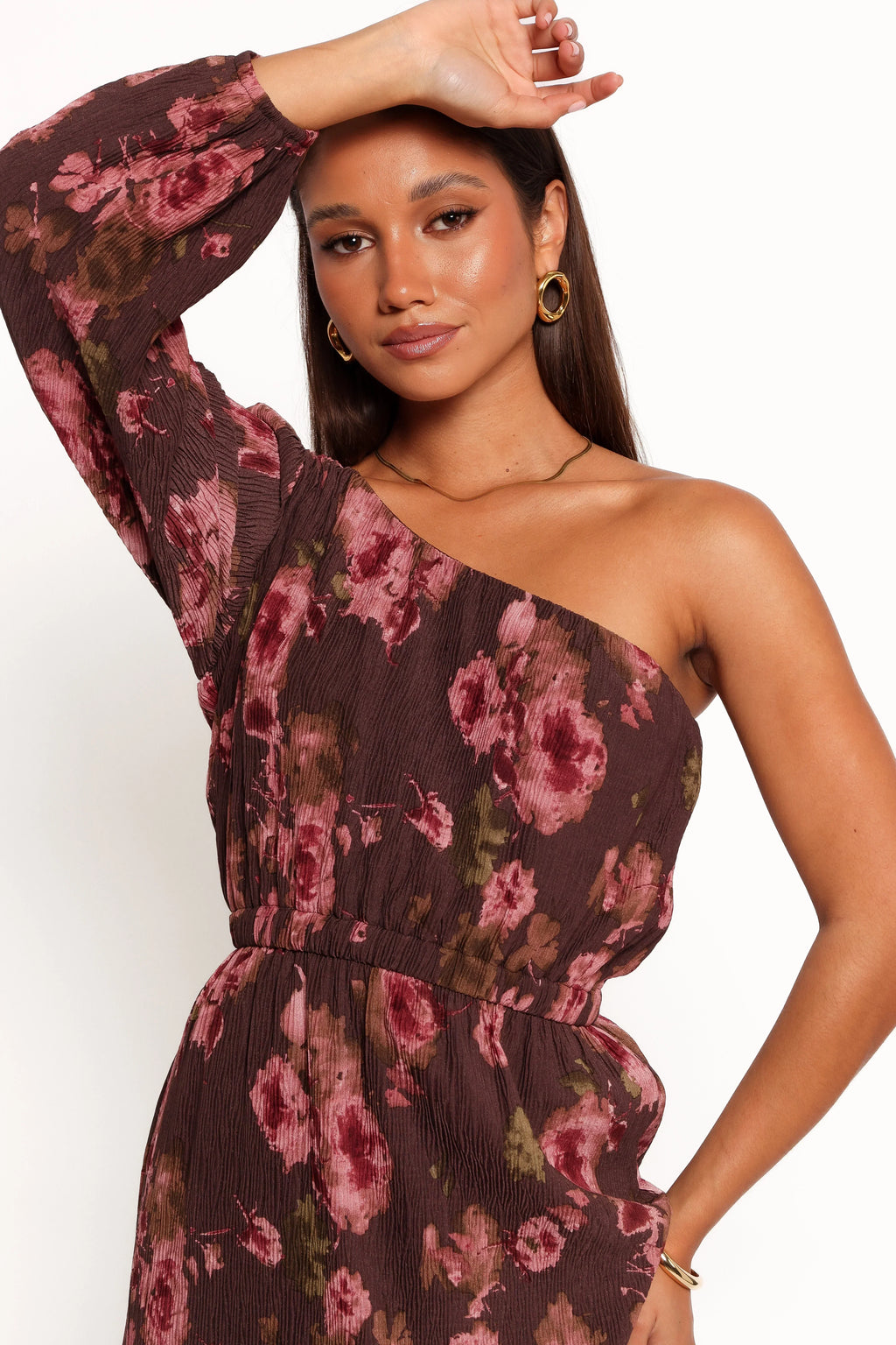 Pontee One Shoulder Pleated Midi Dress - Chocolate Brown