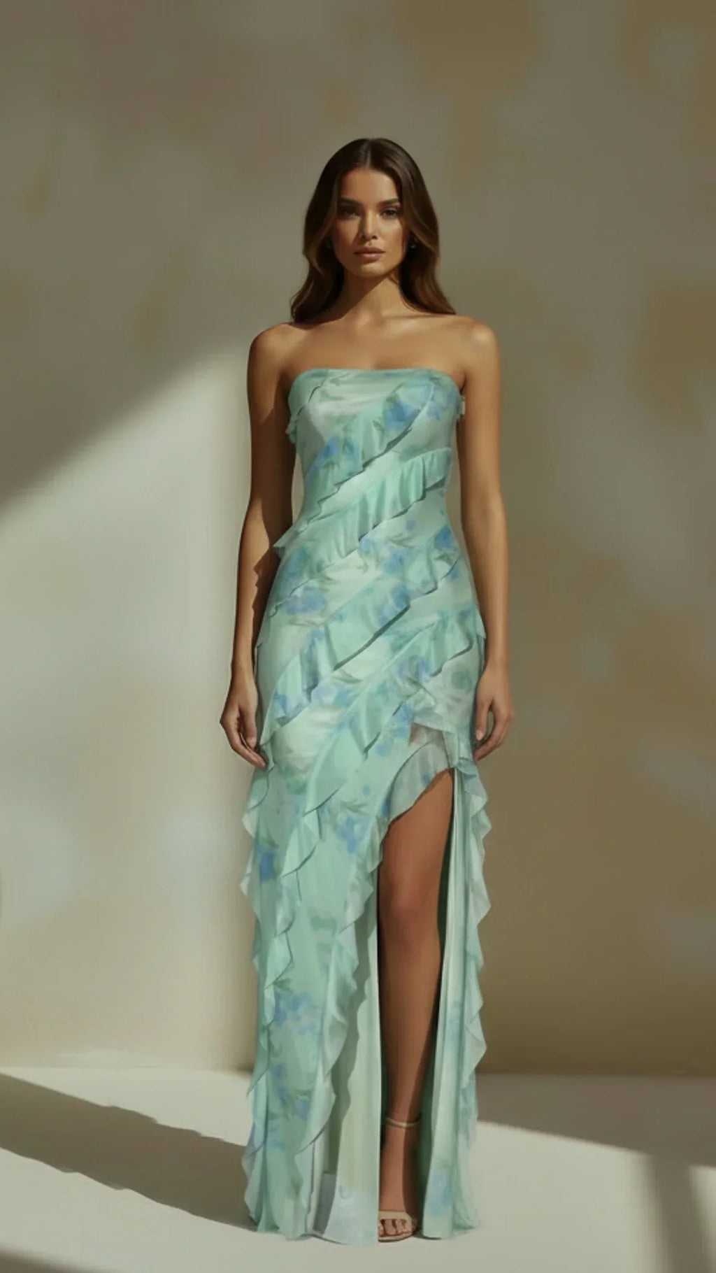 Elara Strapless Ruffle Maxi Dress
