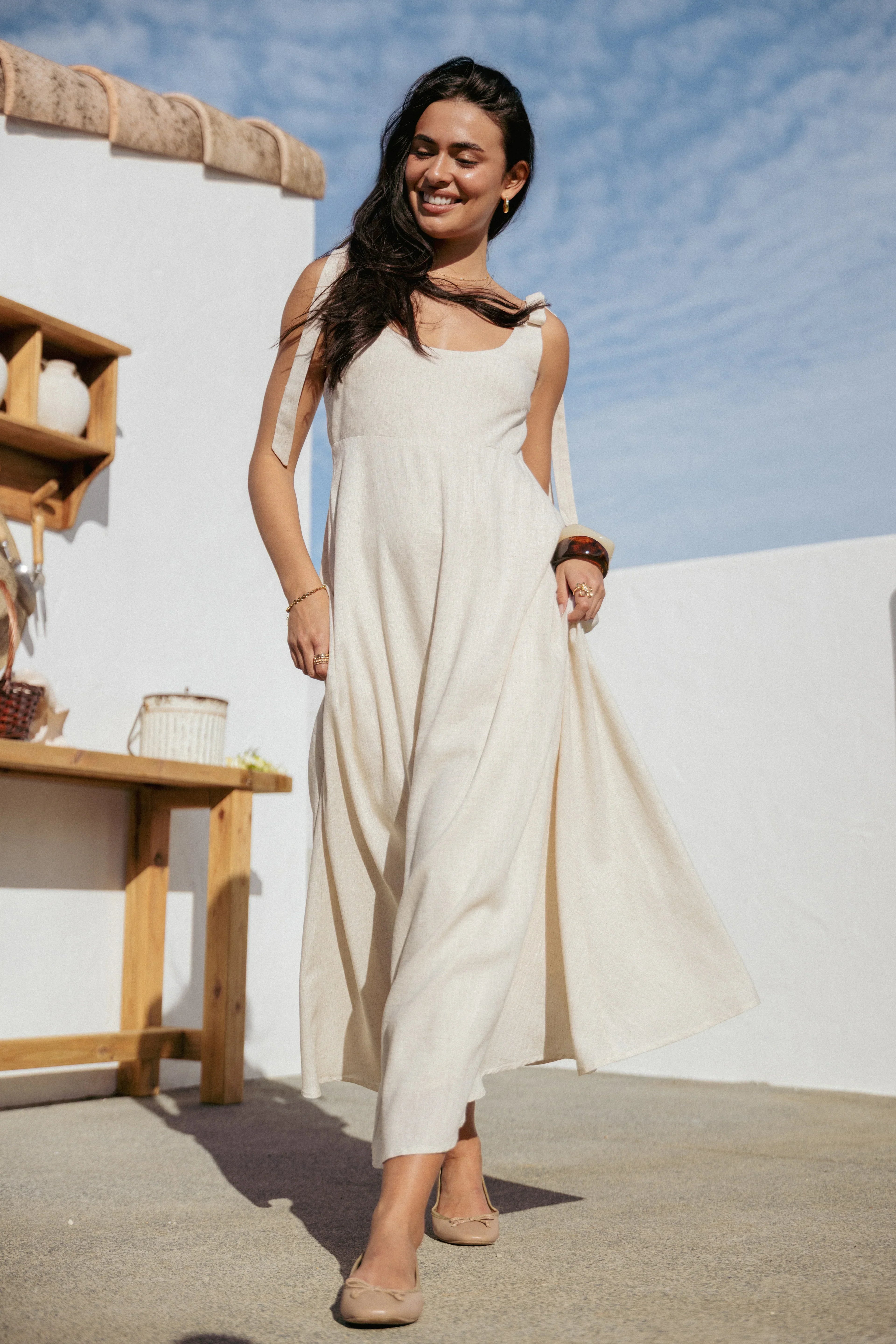 Robe longue Valara à bretelles nouées aux épaules - Avoine