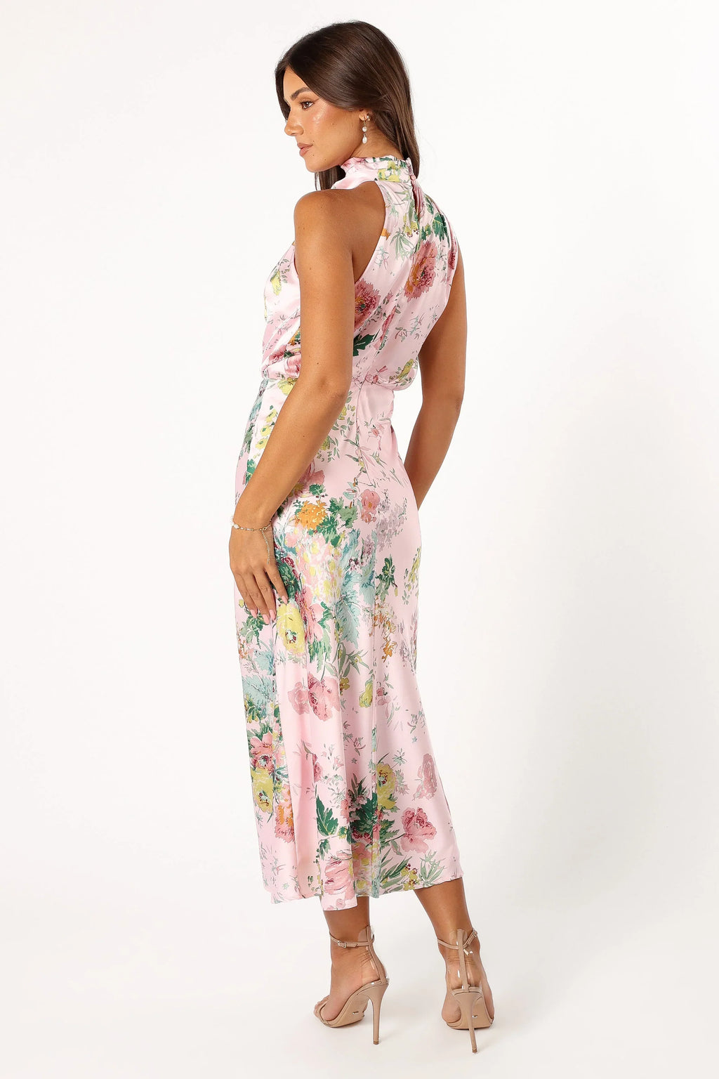 Robe midi Anabelle à encolure américaine - Imprimé fleuri rose