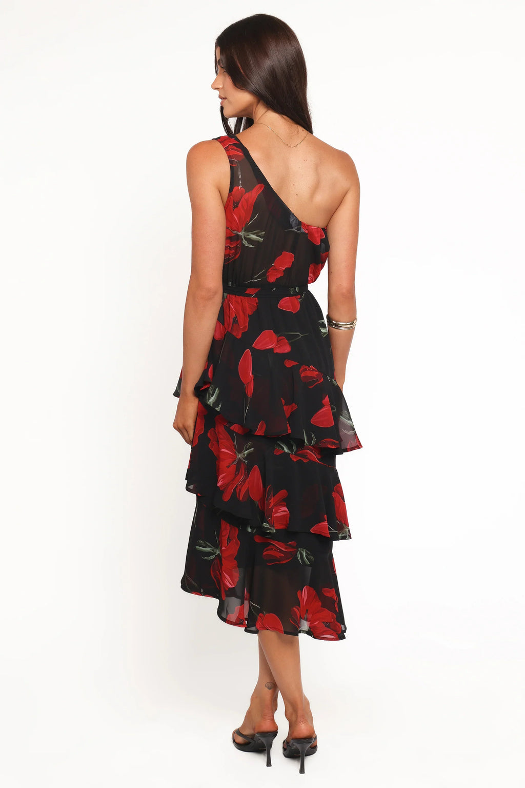 Robe midi étagée asymétrique Brigette - Floral rouge