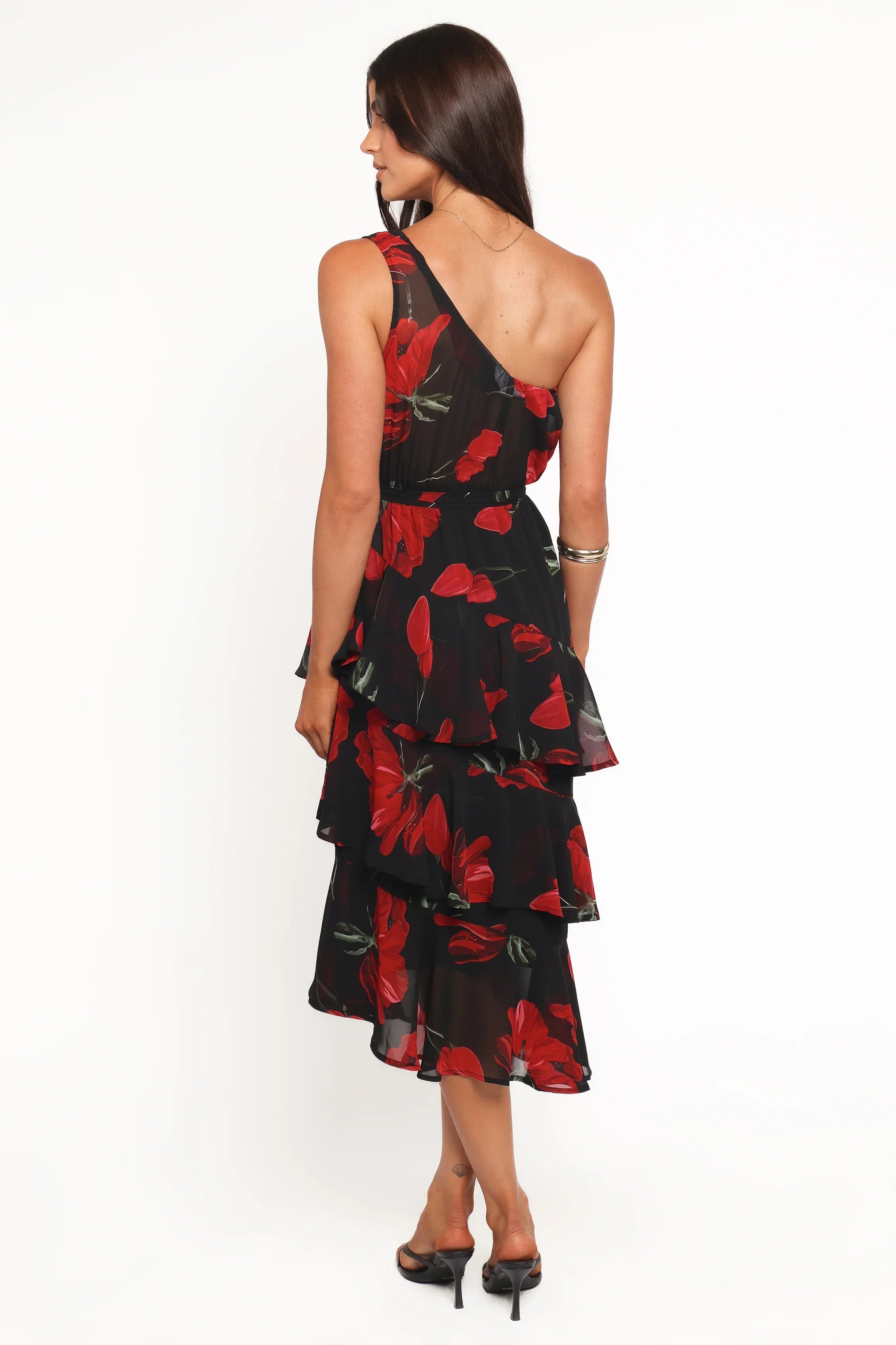 Robe midi étagée asymétrique Brigette - Floral rouge
