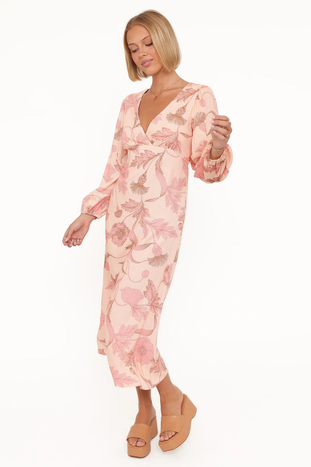Robe mi-longue Kolby à manches longues - Imprimé floral rose